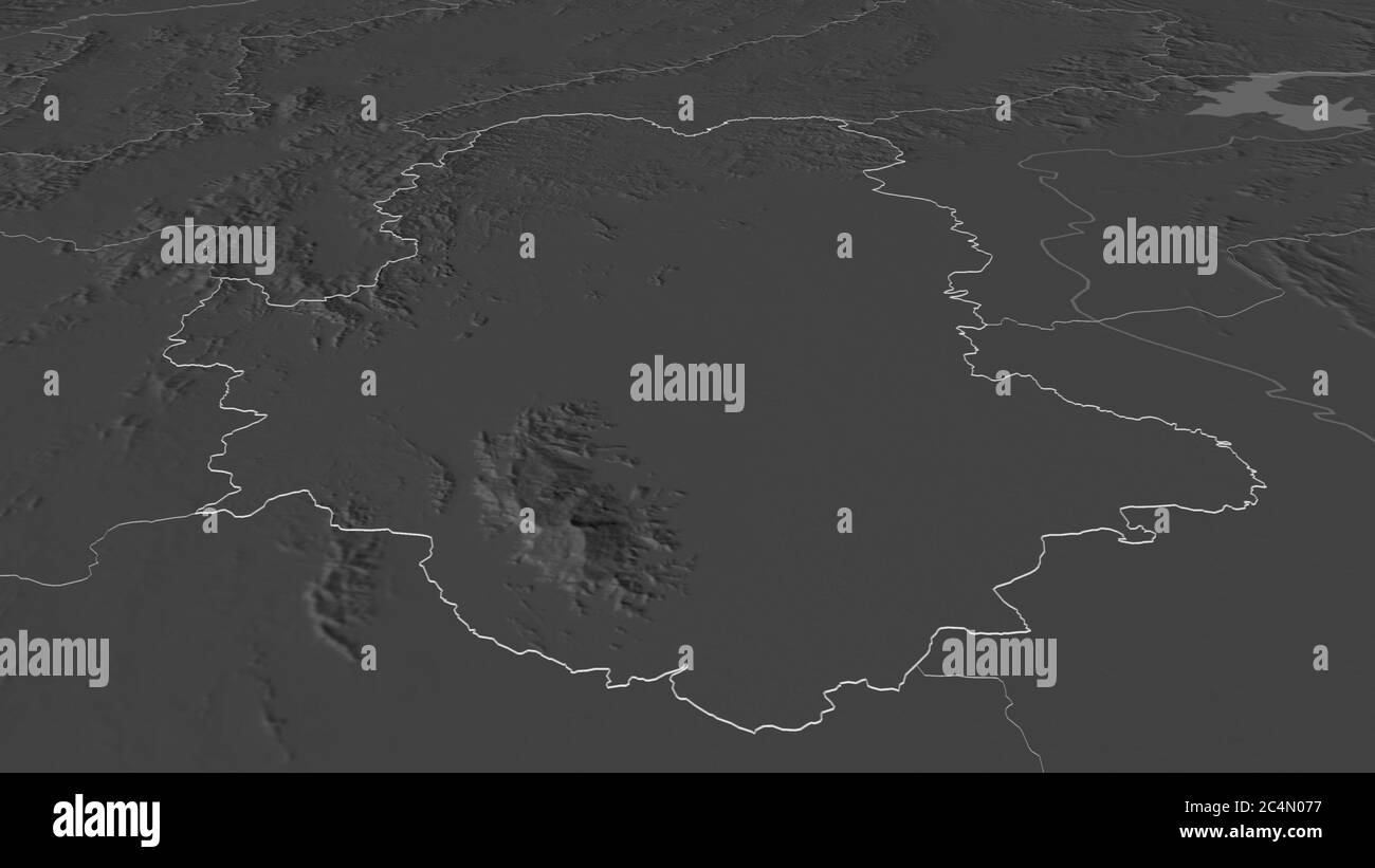 Ingrandisci Sukhothai (provincia della Thailandia) delineato. Prospettiva obliqua. Mappa di elevazione bilivello con acque di superficie. Rendering 3D Foto Stock