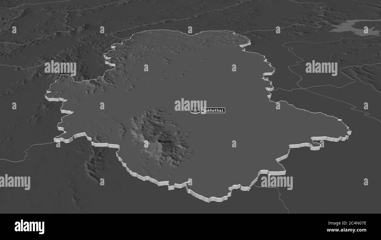 Ingrandisci Sukhothai (provincia della Thailandia) estruso. Prospettiva obliqua. Mappa di elevazione bilivello con acque di superficie. Rendering 3D Foto Stock