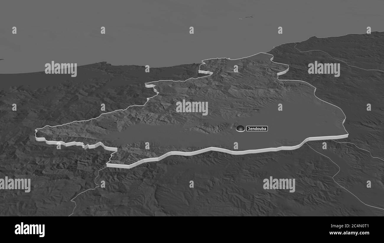 Ingrandisci Jendouba (governatorato della Tunisia) estruso. Prospettiva obliqua. Mappa di elevazione bilivello con acque di superficie. Rendering 3D Foto Stock