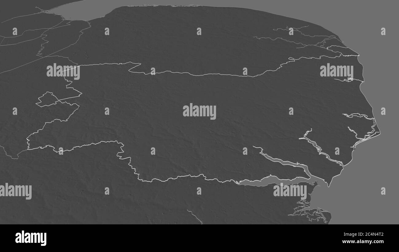 Ingrandisci Suffolk (contea amministrativa dell'Inghilterra) delineato. Prospettiva obliqua. Mappa di elevazione bilivello con acque di superficie. Rendering 3D Foto Stock