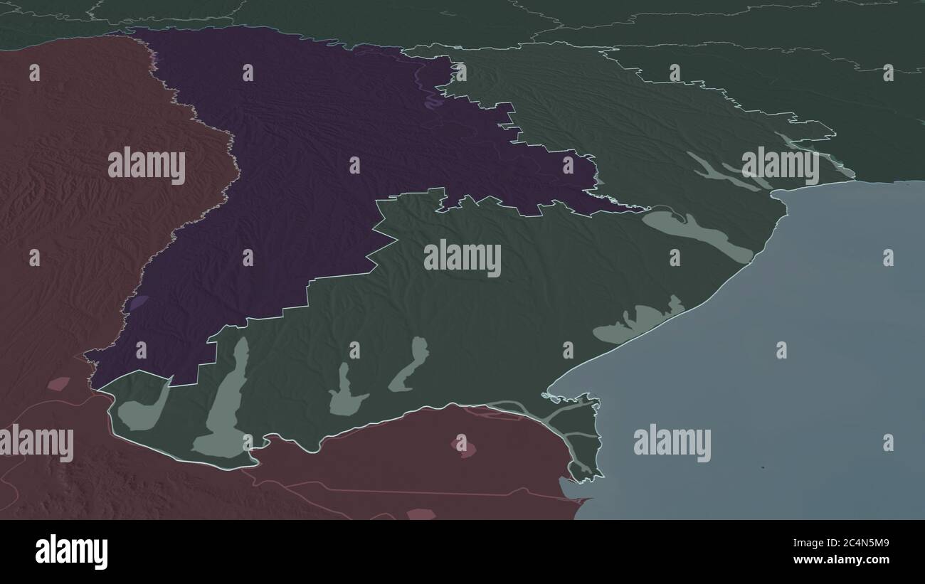 Zoom in su Odessa (regione dell'Ucraina) delineato. Prospettiva obliqua. Mappa colorata e bombata della divisione amministrativa con acque superficiali. 3D ren Foto Stock
