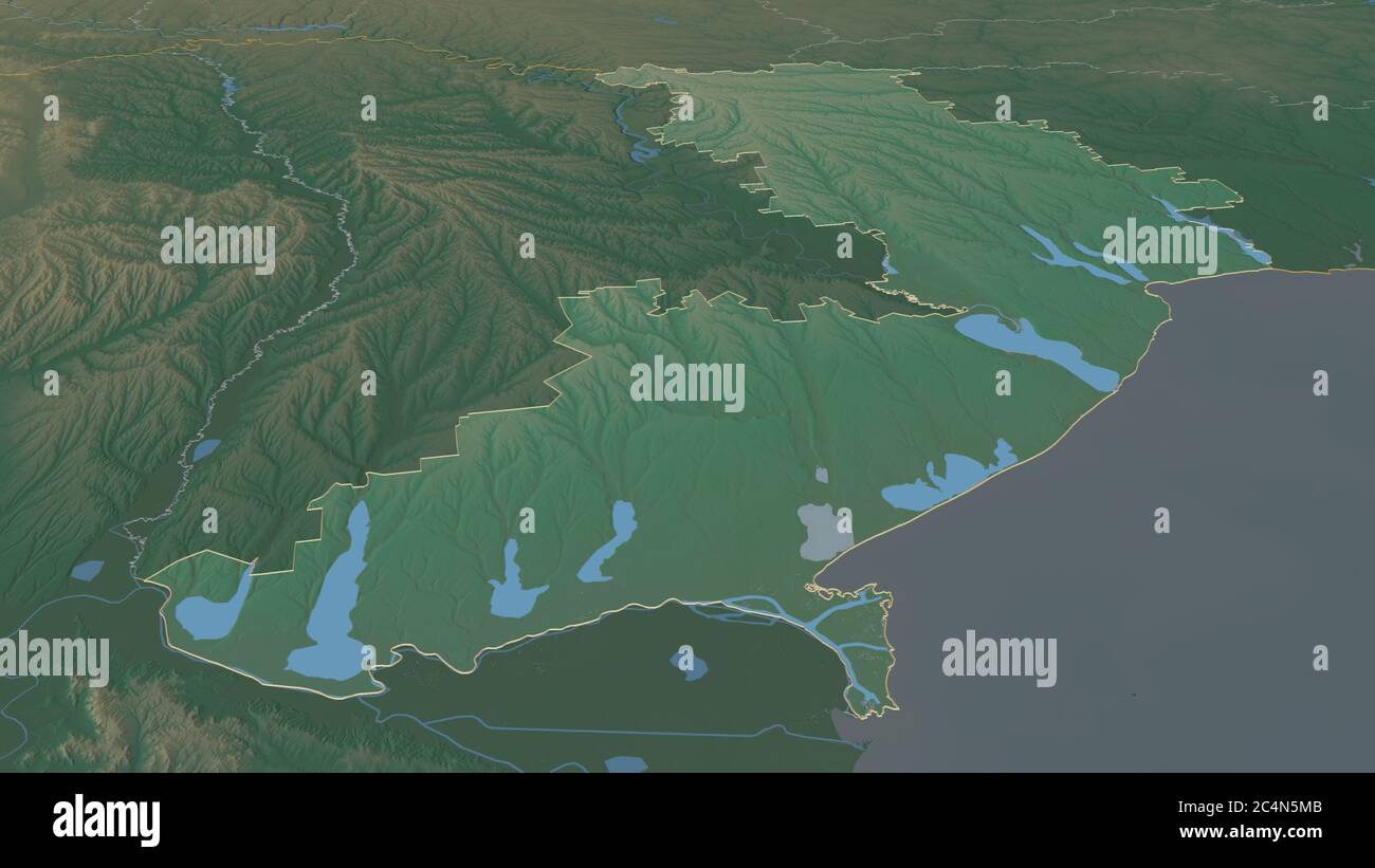 Zoom in su Odessa (regione dell'Ucraina) delineato. Prospettiva obliqua. Mappa topografica dei rilievi con acque superficiali. Rendering 3D Foto Stock