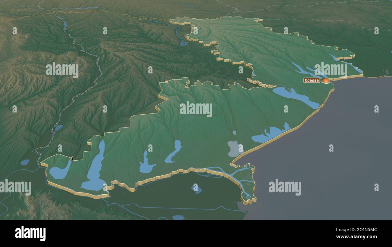 Zoom avanti su Odessa (regione dell'Ucraina) estruso. Prospettiva obliqua. Mappa topografica dei rilievi con acque superficiali. Rendering 3D Foto Stock