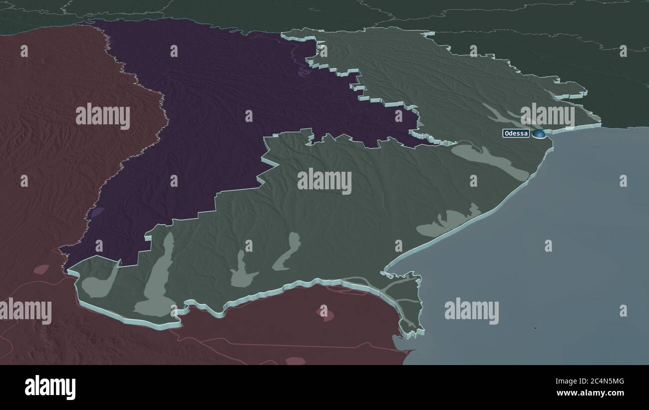 Zoom avanti su Odessa (regione dell'Ucraina) estruso. Prospettiva obliqua. Mappa colorata e bombata della divisione amministrativa con acque superficiali. 3D ren Foto Stock