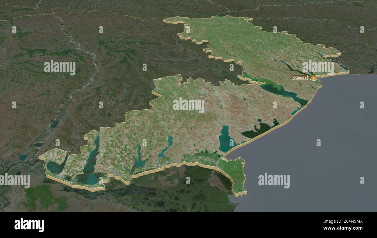 Zoom avanti su Odessa (regione dell'Ucraina) estruso. Prospettiva obliqua. Immagini satellitari. Rendering 3D Foto Stock