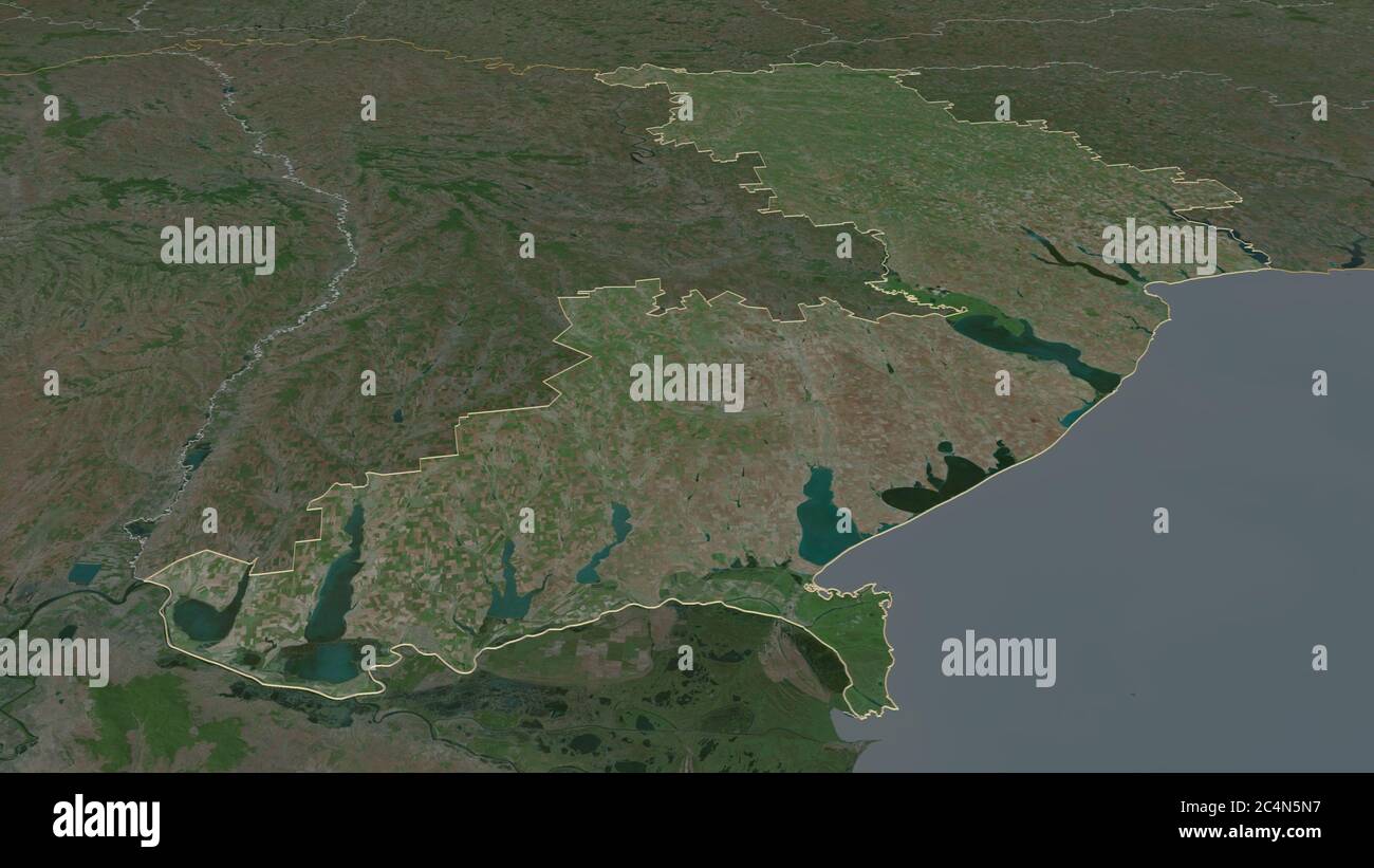 Zoom in su Odessa (regione dell'Ucraina) delineato. Prospettiva obliqua. Immagini satellitari. Rendering 3D Foto Stock