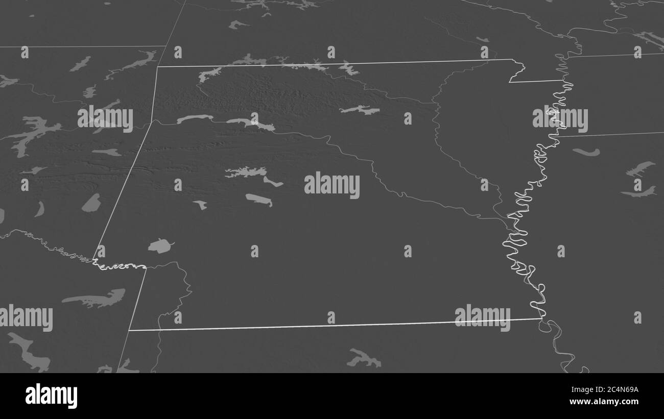 Ingrandisci Arkansas (stato degli Stati Uniti) delineato. Prospettiva obliqua. Mappa di elevazione bilivello con acque di superficie. Rendering 3D Foto Stock