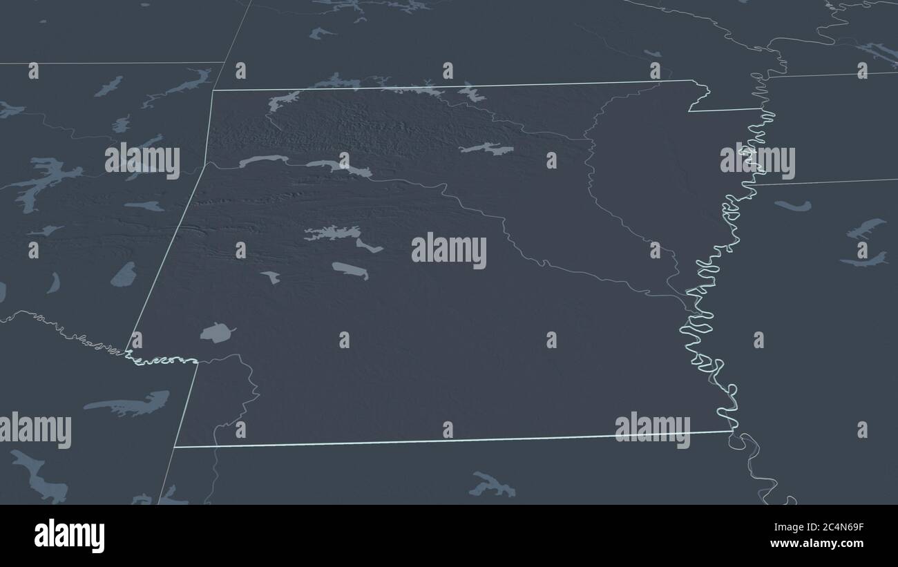 Ingrandisci Arkansas (stato degli Stati Uniti) delineato. Prospettiva obliqua. Mappa colorata e bombata della divisione amministrativa con acque superficiali. Foto Stock