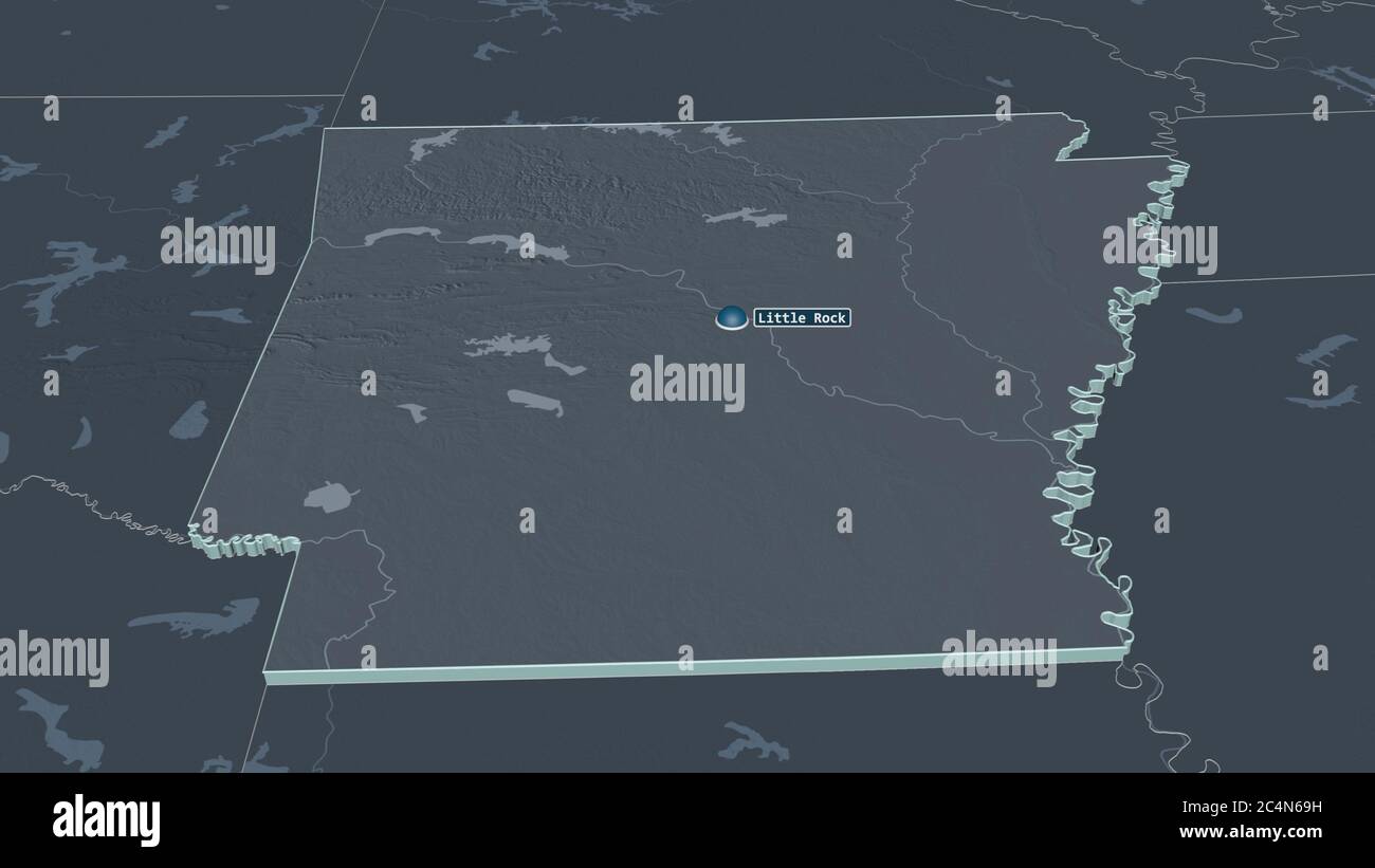 Zoom avanti su Arkansas (stato degli Stati Uniti) estruso. Prospettiva obliqua. Mappa colorata e bombata della divisione amministrativa con acque superficiali. Foto Stock