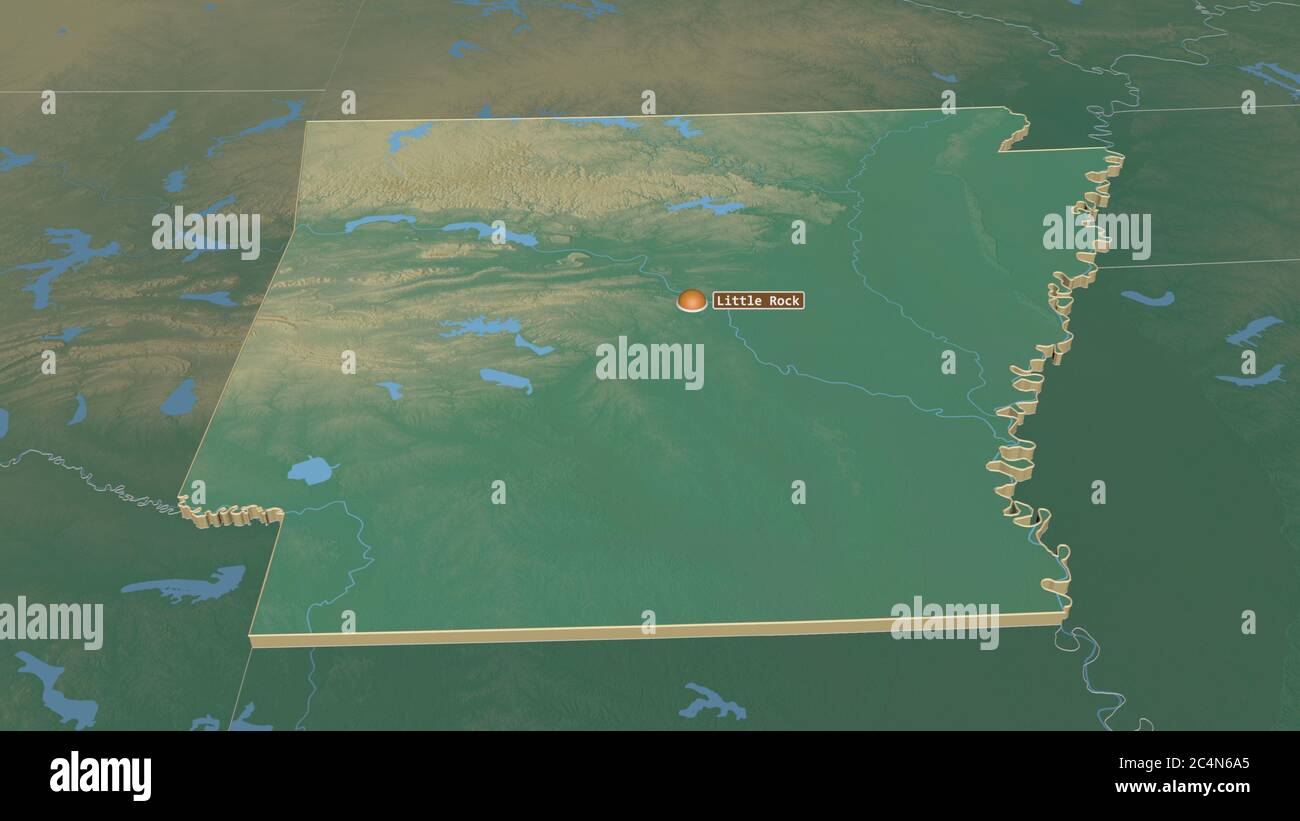 Zoom avanti su Arkansas (stato degli Stati Uniti) estruso. Prospettiva obliqua. Mappa topografica dei rilievi con acque superficiali. Rendering 3D Foto Stock