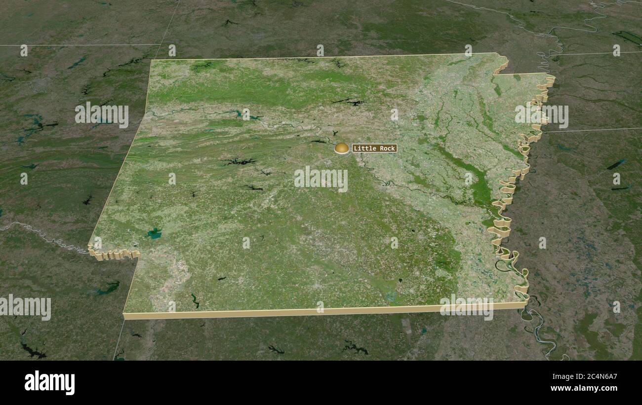 Zoom avanti su Arkansas (stato degli Stati Uniti) estruso. Prospettiva obliqua. Immagini satellitari. Rendering 3D Foto Stock