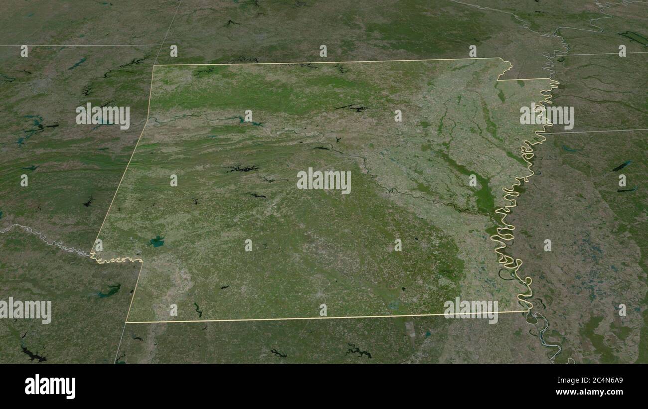 Ingrandisci Arkansas (stato degli Stati Uniti) delineato. Prospettiva obliqua. Immagini satellitari. Rendering 3D Foto Stock