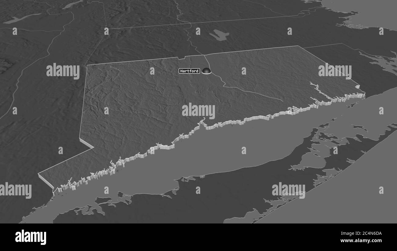 Ingrandire Connecticut (stato degli Stati Uniti) estruso. Prospettiva obliqua. Mappa di elevazione bilivello con acque di superficie. Rendering 3D Foto Stock