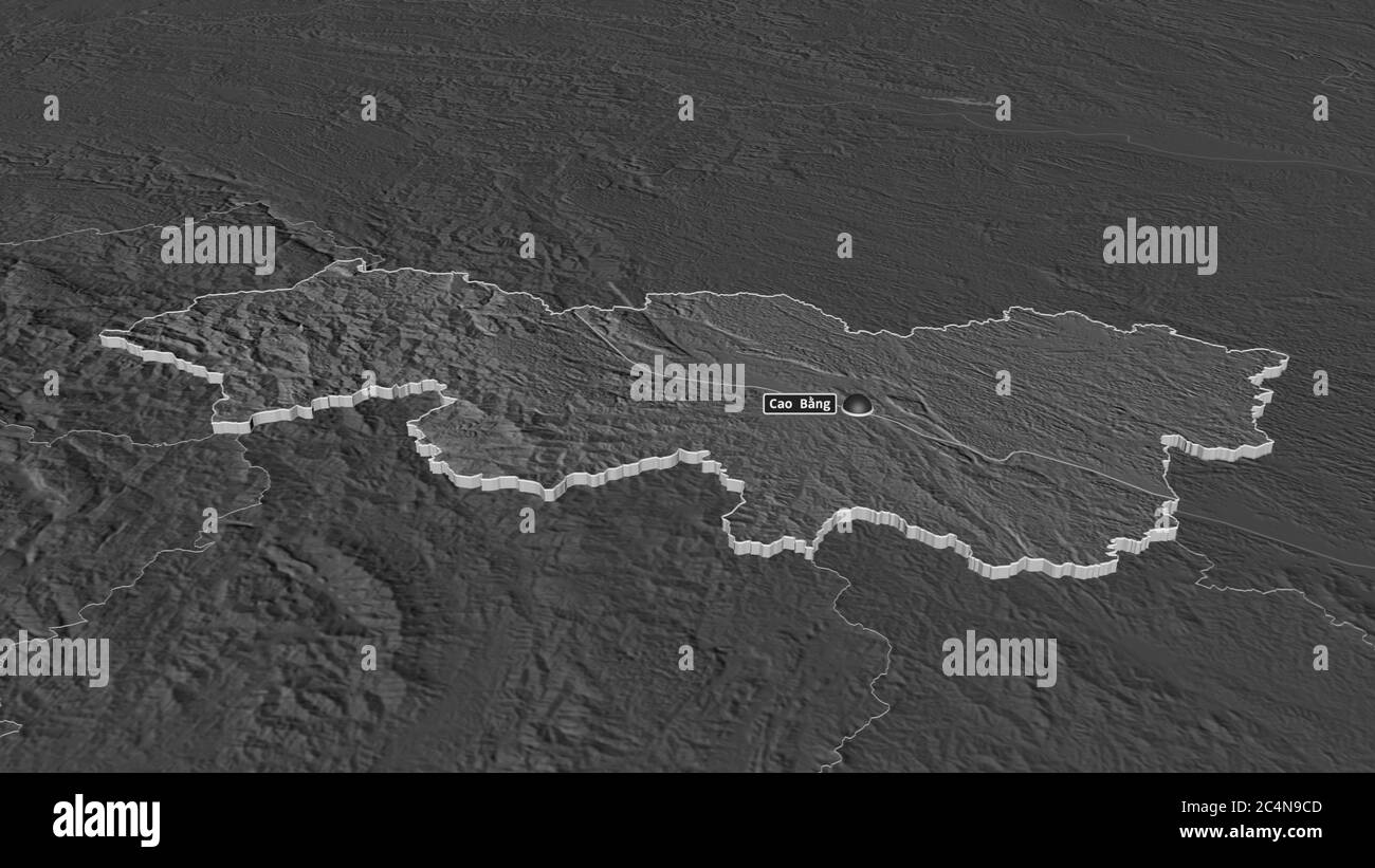 Ingrandisci Cao Bằng (provincia del Vietnam) estruso. Prospettiva obliqua. Mappa di elevazione bilivello con acque di superficie. Rendering 3D Foto Stock