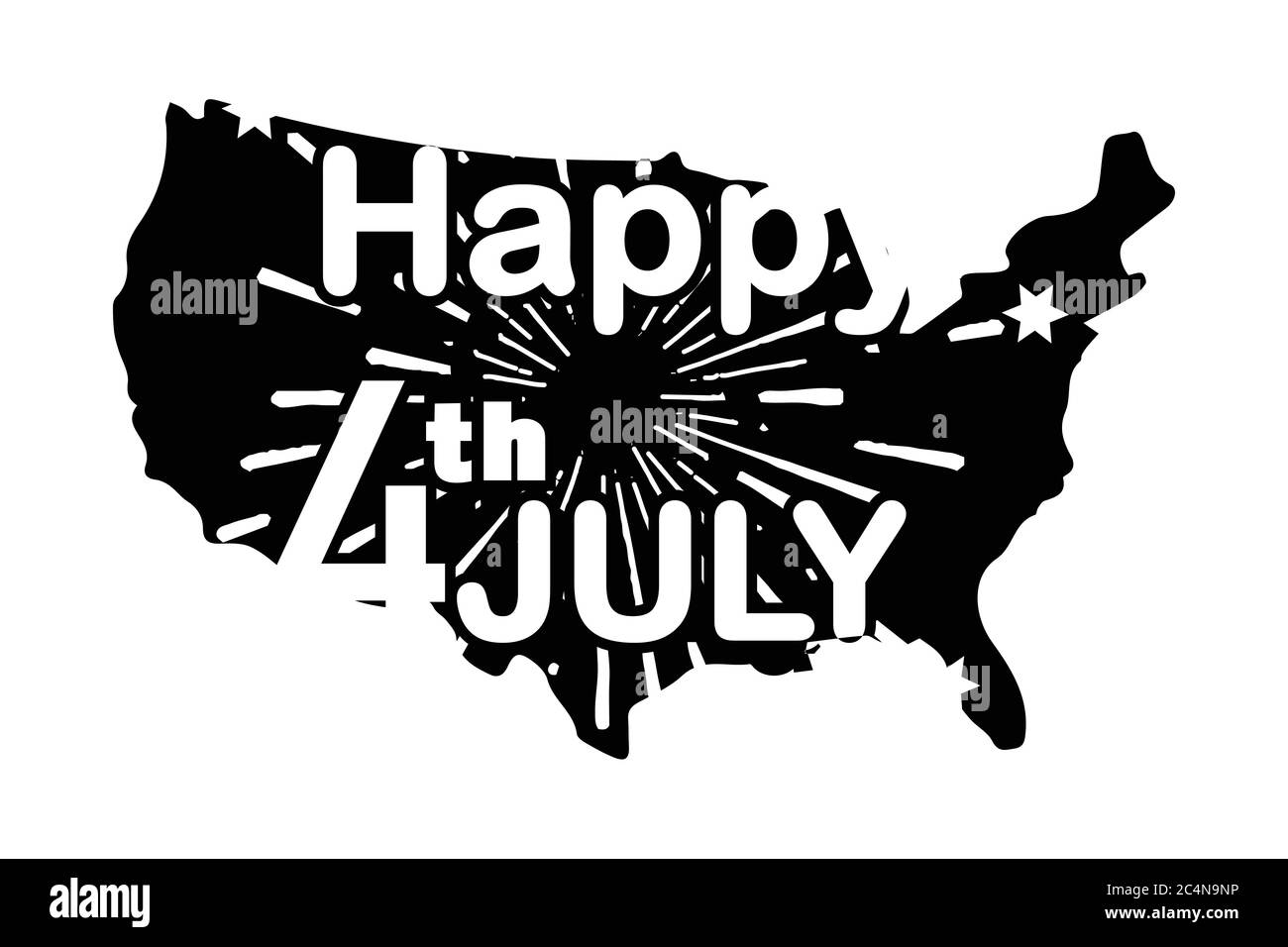 Felice 4 luglio con Fireworks su American Map. Giorno dell'indipendenza Festa federale degli Stati Uniti d'America USA USA USA USA. Black Poster Illustrazione i Illustrazione Vettoriale