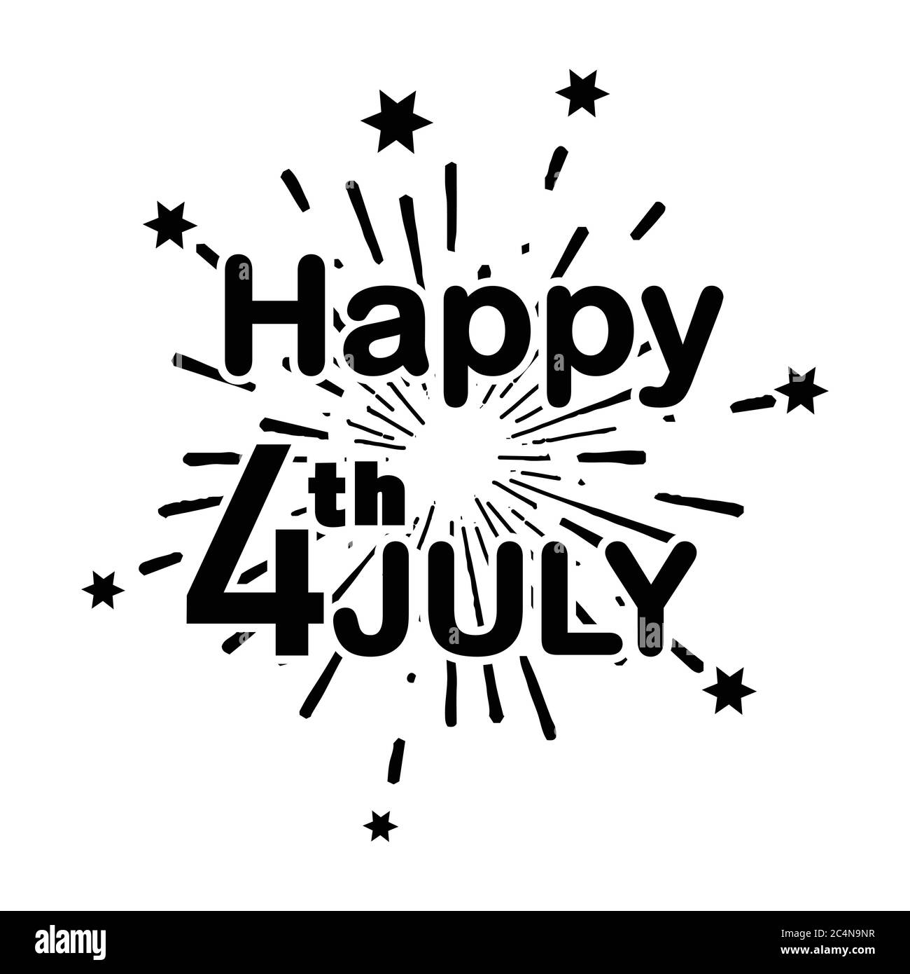 Happy 4 luglio testo su Fireworks Celebration Poster. American America USA Independence Day festa nazionale. Illustrazione nera isolata su un bianco Illustrazione Vettoriale