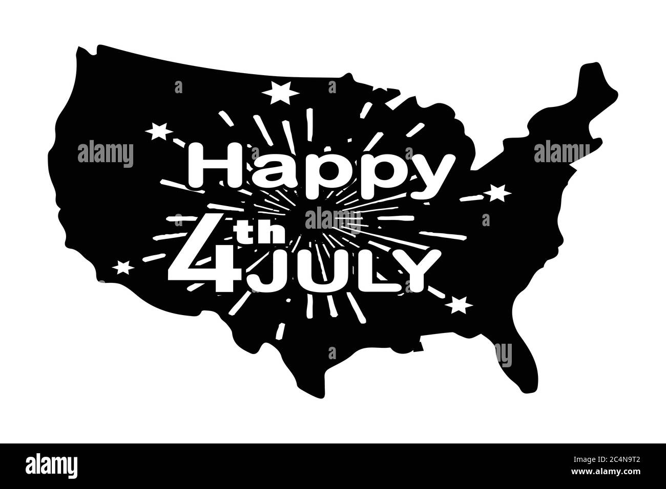 Felice 4 luglio con Fireworks su American Map. Giorno dell'indipendenza Festa federale degli Stati Uniti d'America USA USA USA USA. Black Poster Illustrazione i Illustrazione Vettoriale