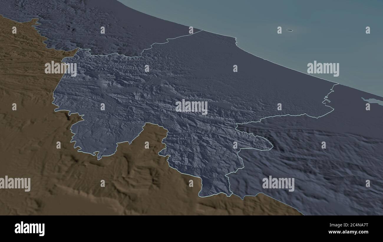 Ingrandisci Quảng Trị (provincia del Vietnam) delineato. Prospettiva obliqua. Mappa colorata e bombata della divisione amministrativa con acque superficiali. 3 Foto Stock