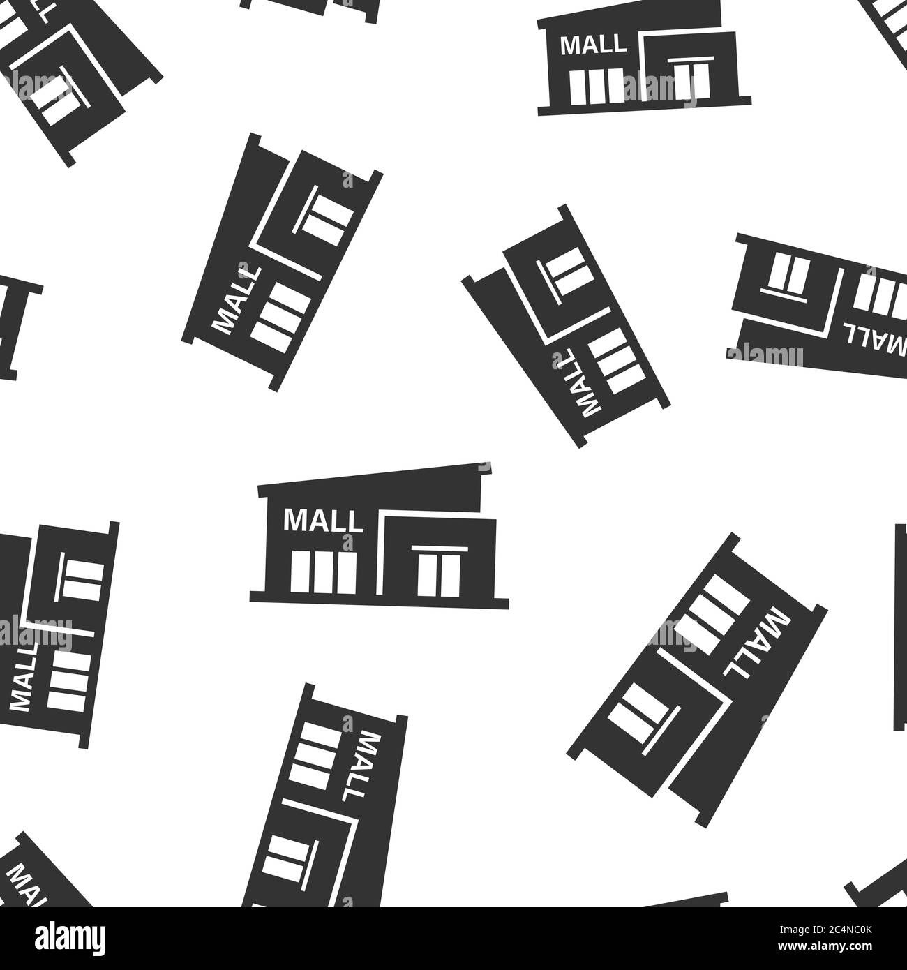 Icona del centro commerciale in stile piatto. Memorizzare l'illustrazione vettoriale su sfondo bianco isolato. Scopri il concetto aziendale di modello senza soluzione di continuità. Illustrazione Vettoriale