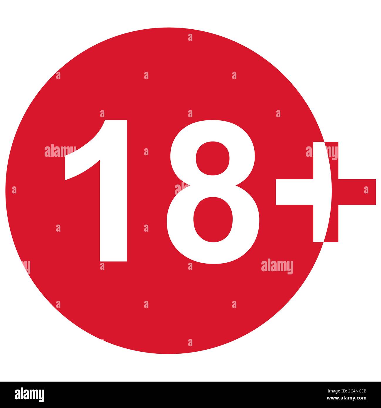 18+ segno di restrizione piatta isolato in cerchio rosso. Simbolo del limite di età. Nessuna illustrazione di avviso per meno di diciotto anni . Illustrazione Vettoriale