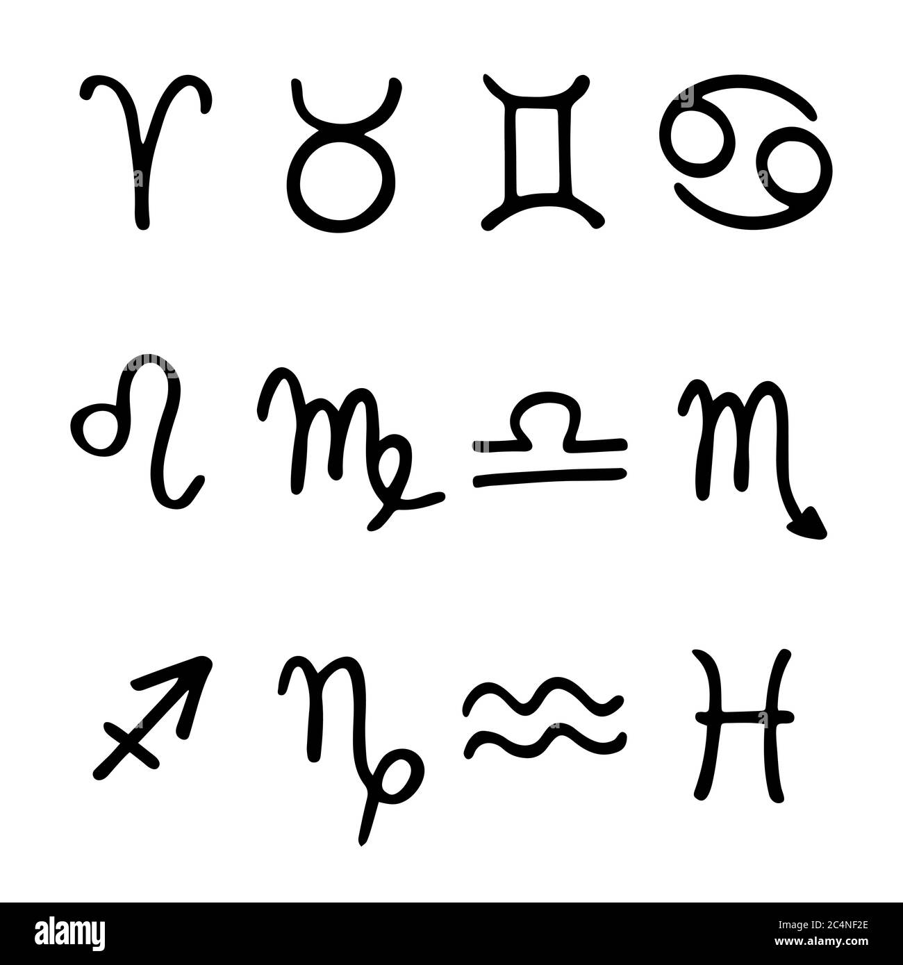 Segni dello zodiaco. I dodici segni oroscopo disegnati a mano. Nero su bianco. Illustrazione vettoriale Illustrazione Vettoriale