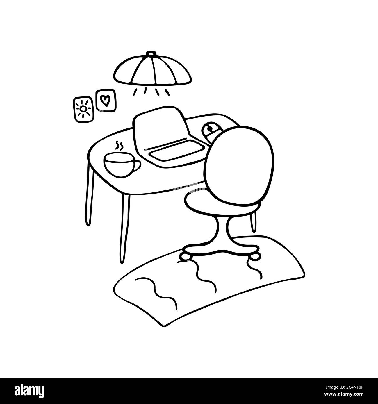 Luogo di lavoro. Computer sul tavolo e una sedia per lavorare. Comodo armadio per la formazione online, il lavoro da casa, l'istruzione. Illustrat vettore di doodle disegnato a mano Illustrazione Vettoriale