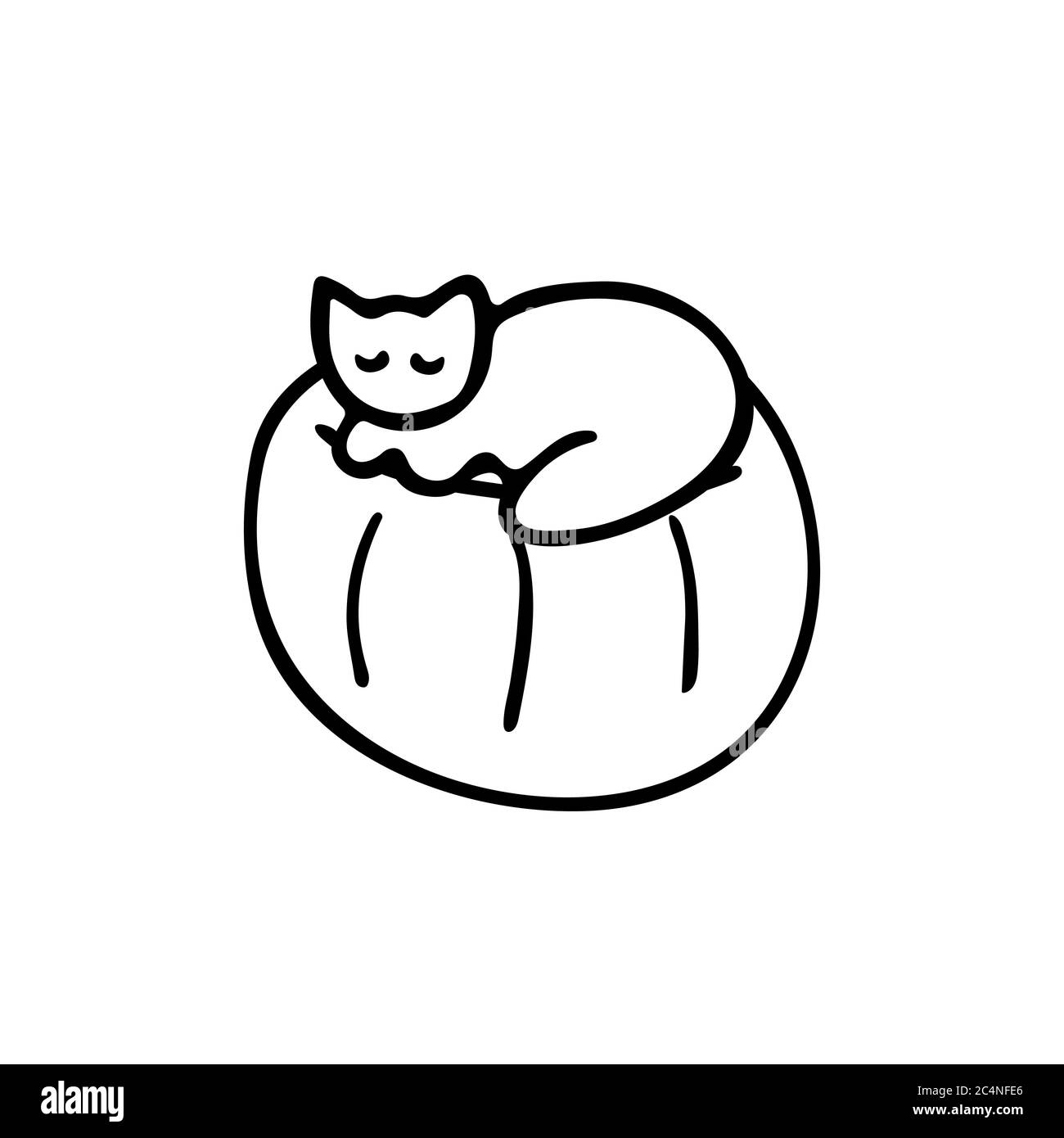 Cute gatto icona doodle che giace sul poof. Icona di un animale domestico da sonno disegnato a mano Illustrazione Vettoriale