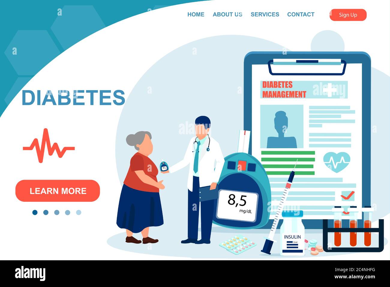 Concetto di gestione del diabete. Vettore di un medico che dà consultazione ad un paziente di diabete mellito di tipo 1 su come mantenere sotto controllo glicemia l Illustrazione Vettoriale Concetto di gestione del diabete. Vettore di un medico che dà consultazione ad un paziente di diabete mellito di tipo 1 su come mantenere sotto controllo glicemia l Illustrazione Vettoriale