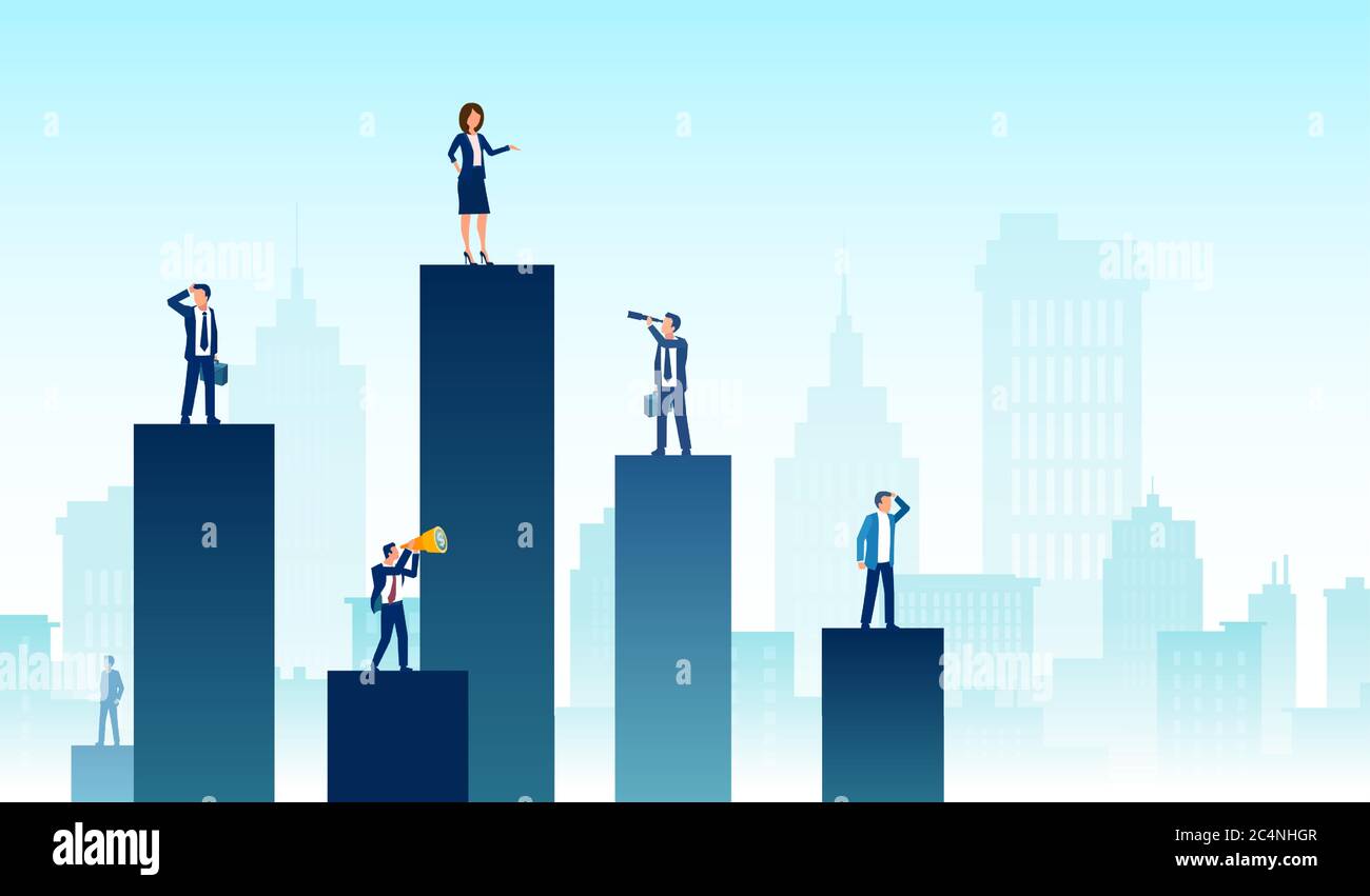 Crescita personale, concorrenza e concetto di leadership. Vettore di un team aziendale e di partner che si posizionano su carte di diverse altezze Illustrazione Vettoriale
