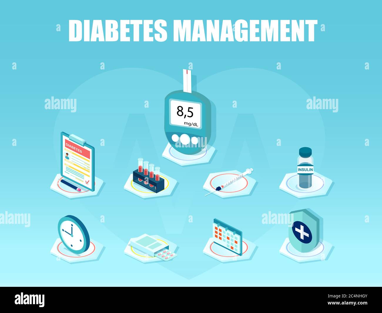 Set di icone per la gestione e la diagnosi del diabete. Vettore del glucometro nel sangue, pillole, siringhe, flaconcino di insulina, assicurazione della carta d'identità del paziente Illustrazione Vettoriale