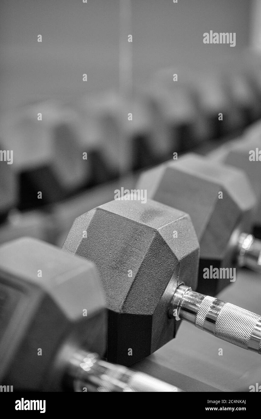 File di manubri neri nella palestra in alta risoluzione e stile urbano. Foto Stock