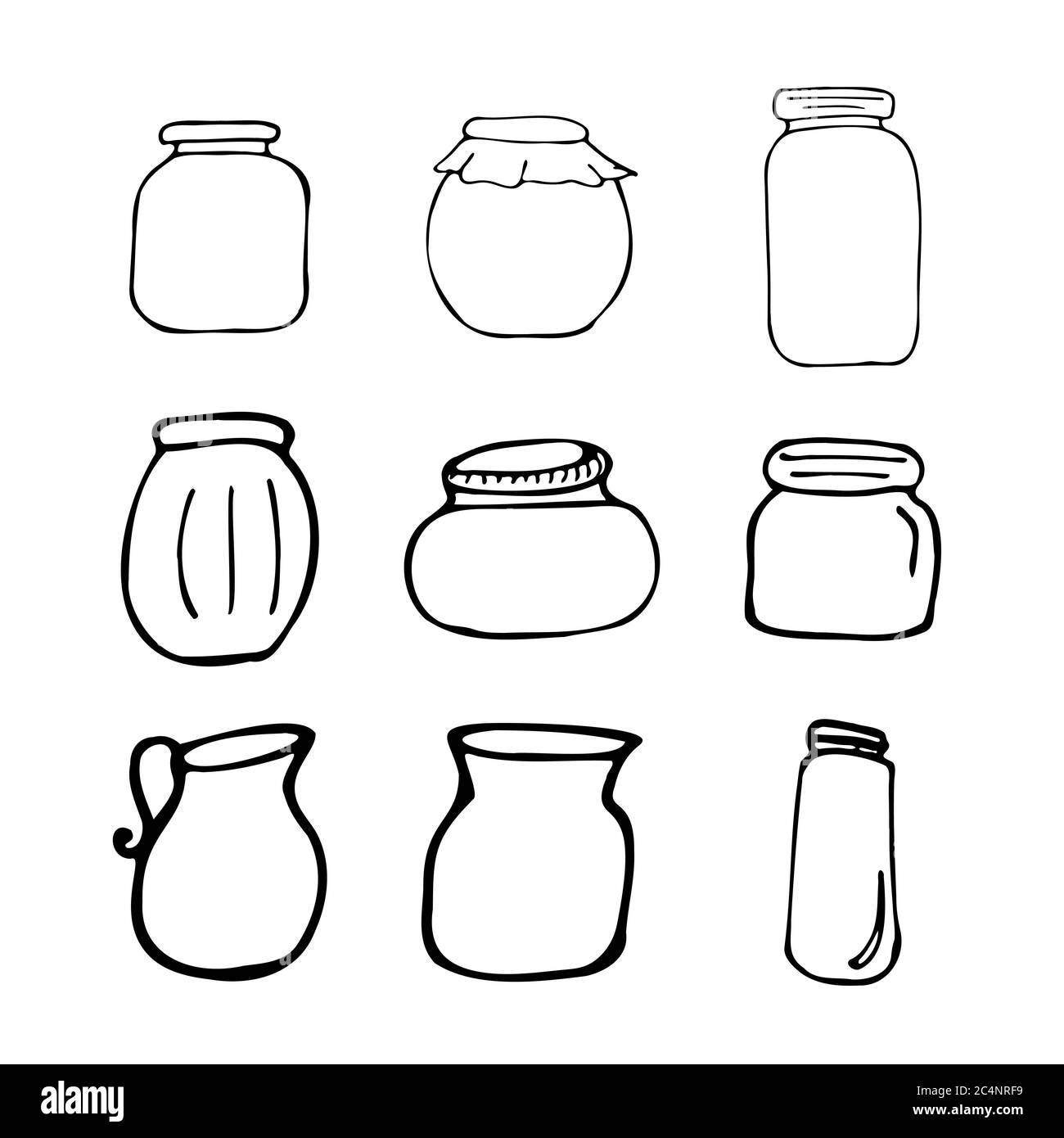 Set di vasetti disegnati a mano. Schizzo del contorno. Oggetti cucina stile doodle. Illustrazione vettoriale isolata su sfondo bianco. Alchimia e vintage. Illustrazione Vettoriale