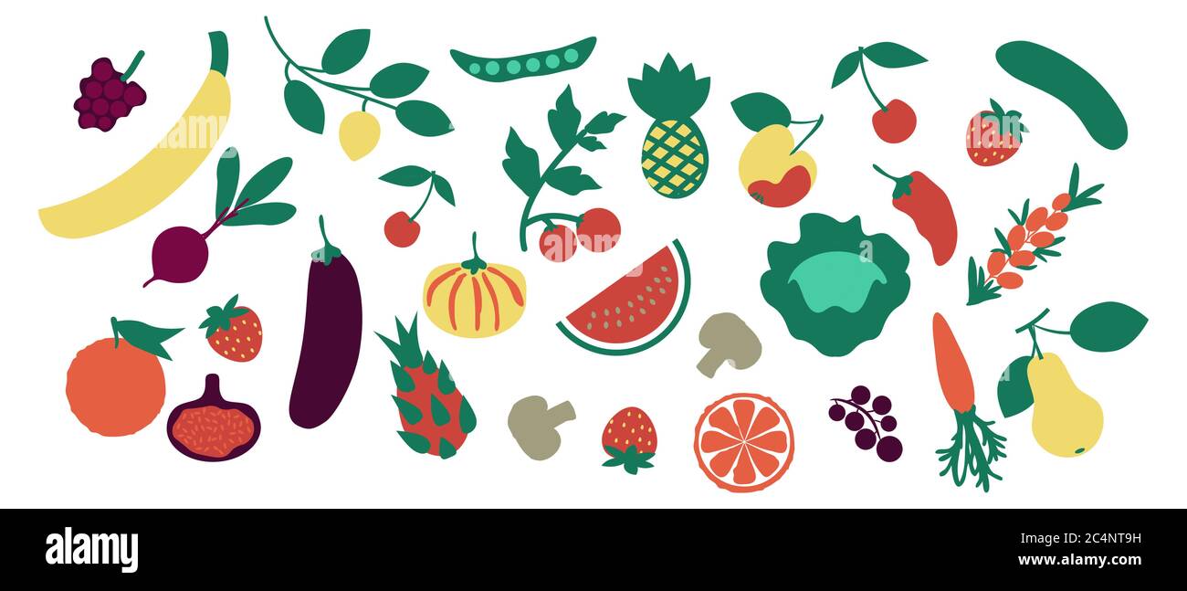Set di icone piatte per verdure e frutta Illustrazione Vettoriale