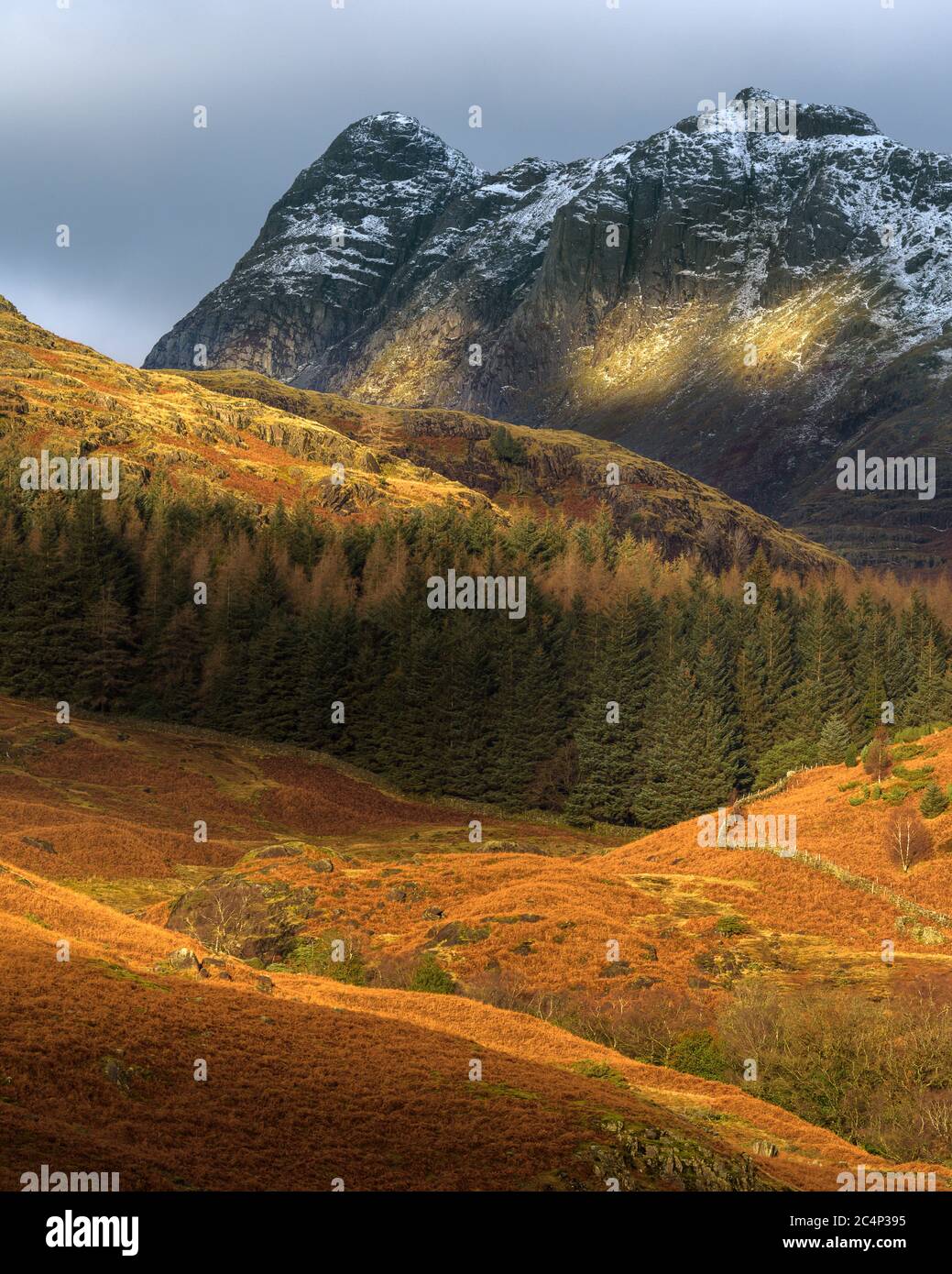 Neve sulla catena montuosa in autunno mattina con luce dorata. Lake District National Park, Regno Unito. Foto Stock