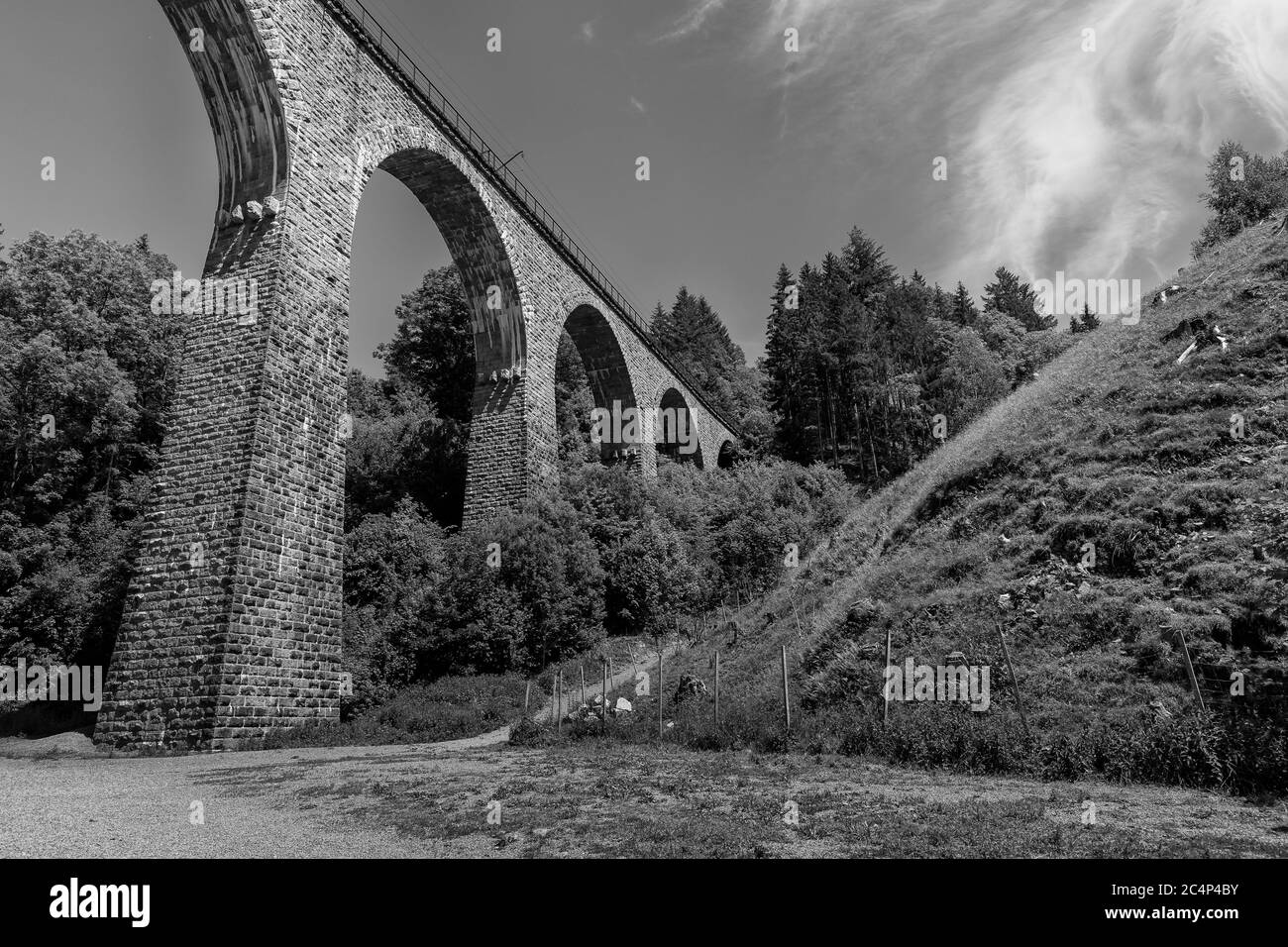 Spettacolare vista del vecchio ponte ferroviario al viadotto della gola di Ravenna a Breitnau, Germania. Bianco e nero Foto Stock