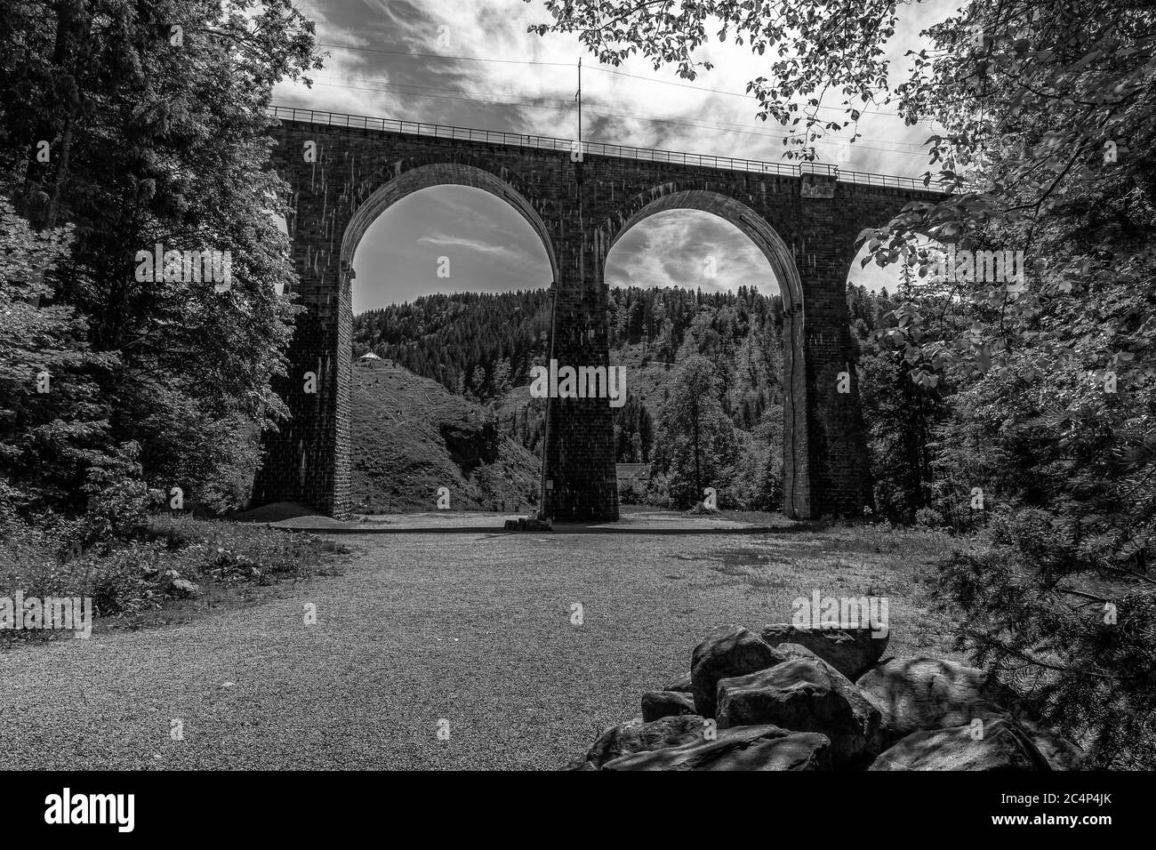 Spettacolare vista del vecchio ponte ferroviario al viadotto della gola di Ravenna a Breitnau, Germania. Bianco e nero Foto Stock