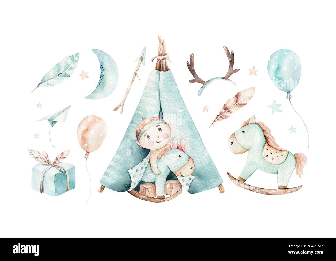 Acquerello con elementi etnici messicani: cactus, tenda teepee, wigwam tradizionale, piuma, freccia. Invito alla festa boho. Baby boy baby doccia Foto Stock