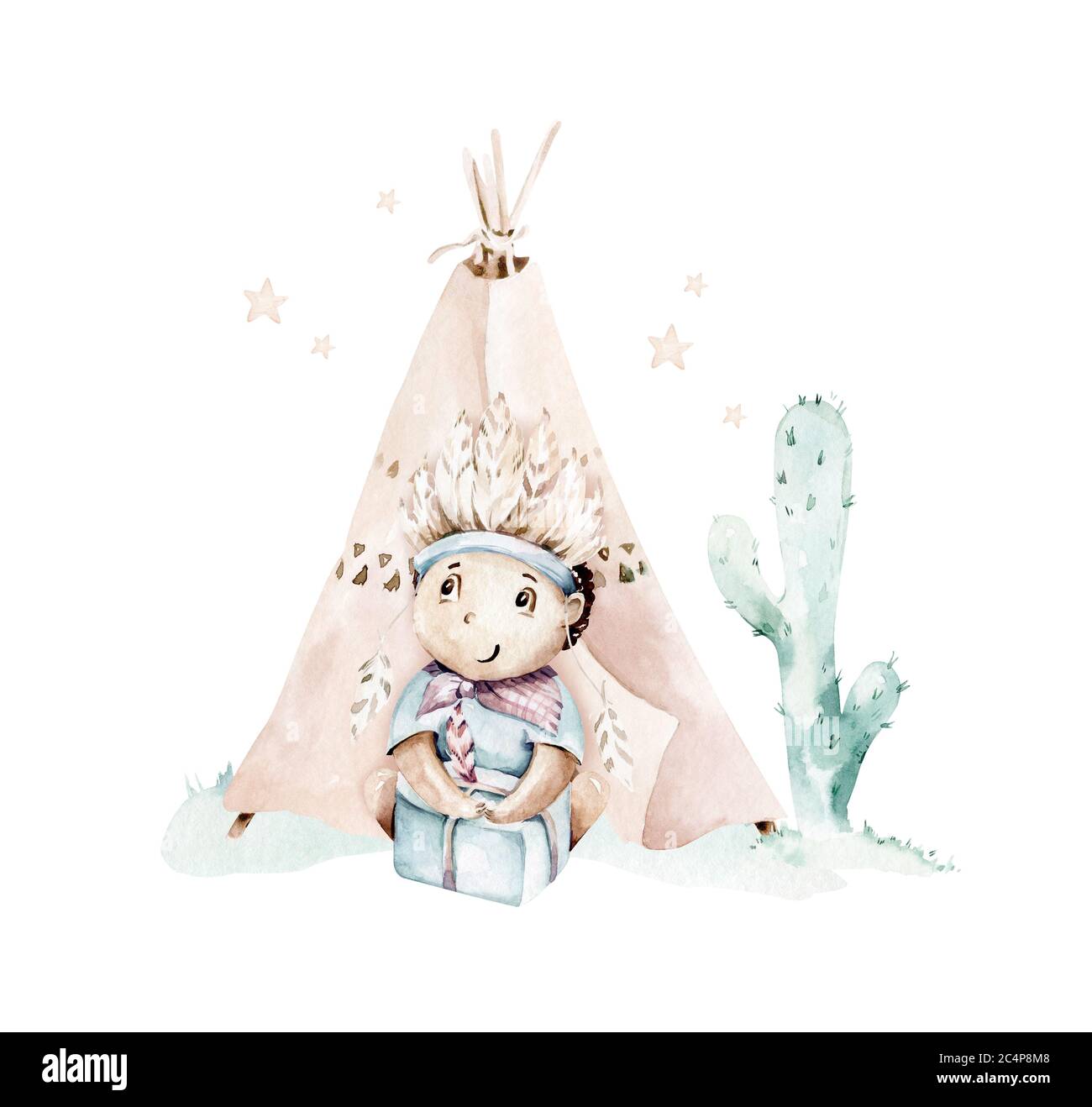 Acquerello con elementi etnici messicani: cactus, tenda teepee, wigwam tradizionale, piuma, freccia. Invito alla festa boho. Baby boy baby doccia Foto Stock