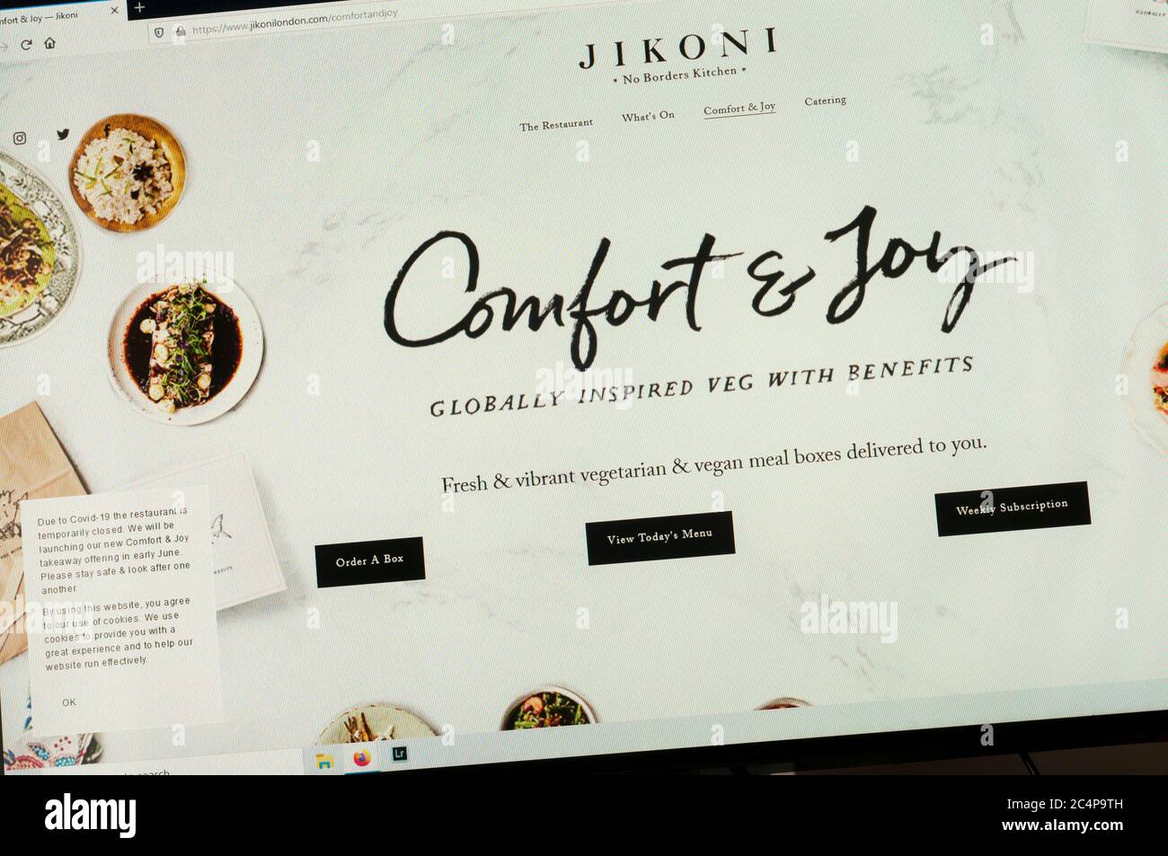 Homepage del sito per Comfort & Joy il servizio di asporto del ristorante Jikoni a Londra. Foto Stock