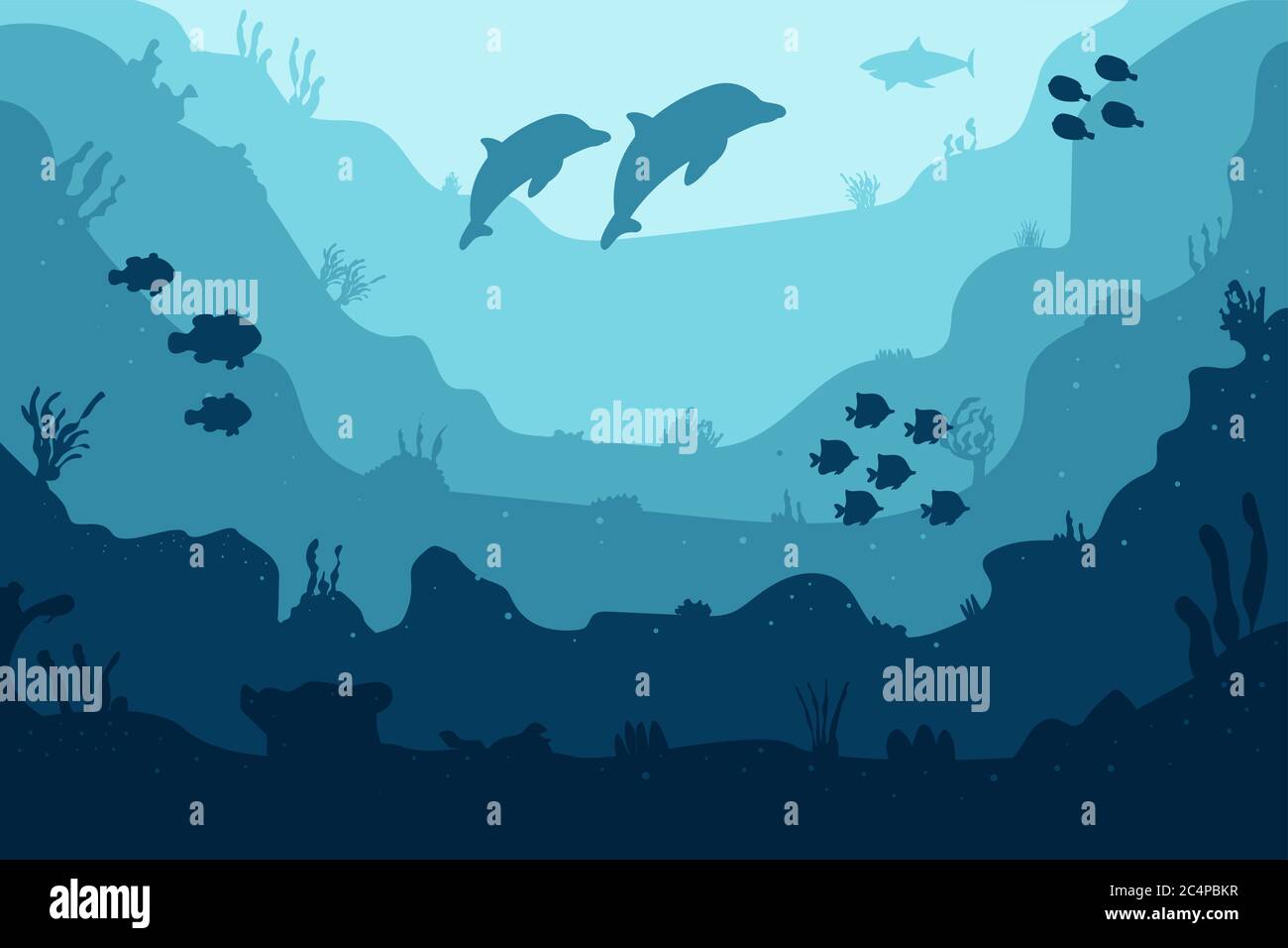Fondo piatto di cartoni animati subacquei con silhouette di pesce, alghe, corallo. Ocean Sea LIFE, design carino. Illustrazione vettoriale Illustrazione Vettoriale