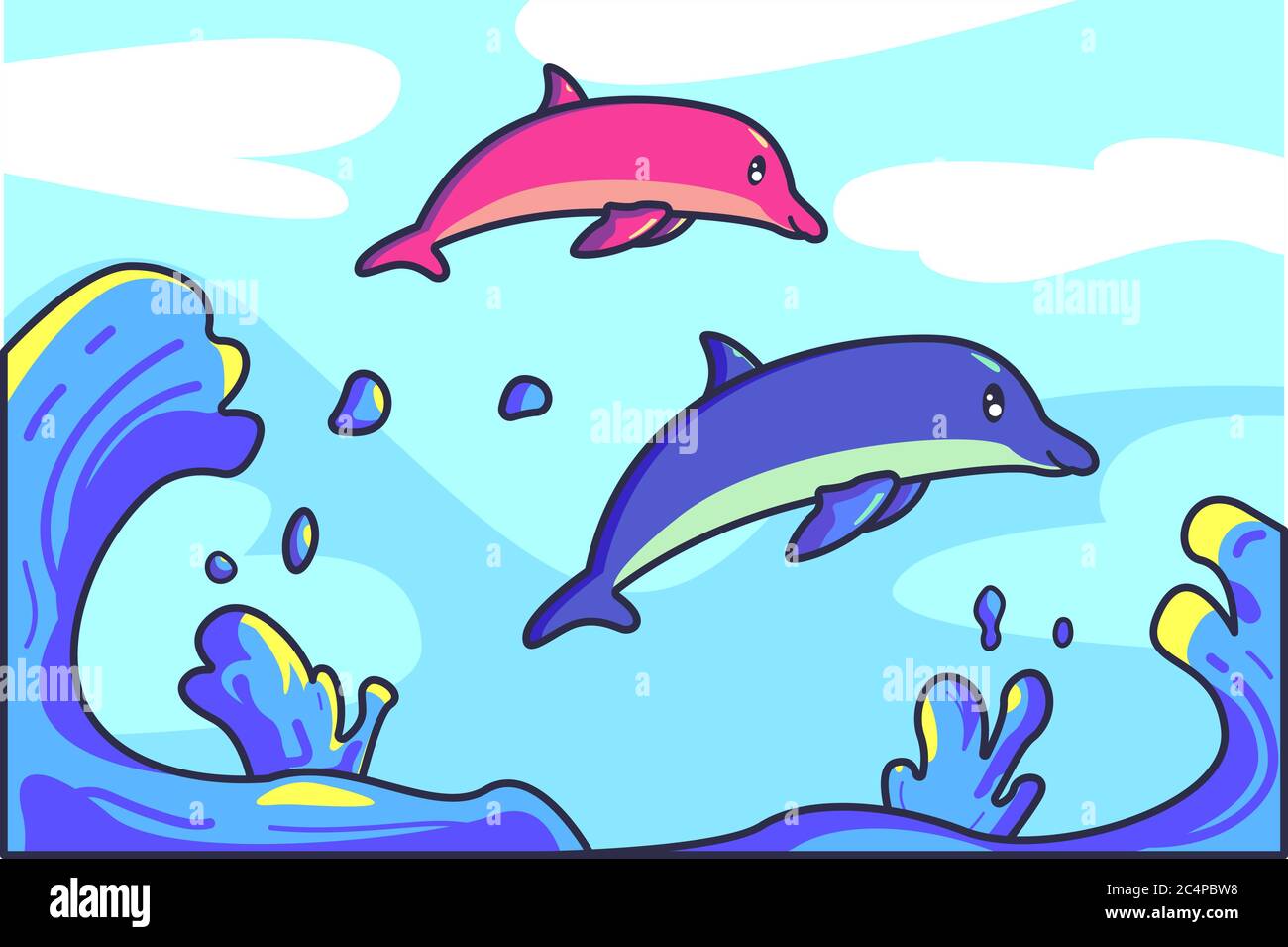 il delfino rosa e il delfino blu saltano sulle onde Illustrazione Vettoriale