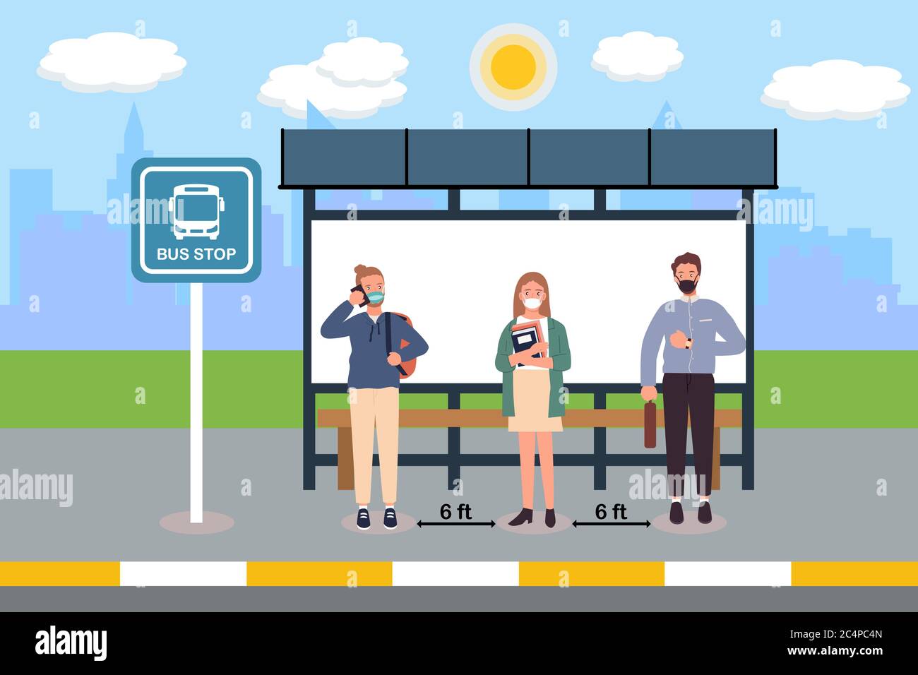 Distanza sociale con molte persone sulla coda di linea in stazione degli autobus. Fermata dell'autobus passeggeri in attesa. Illustrazione del concetto di vettore di trasporto della comunità urbana con Illustrazione Vettoriale