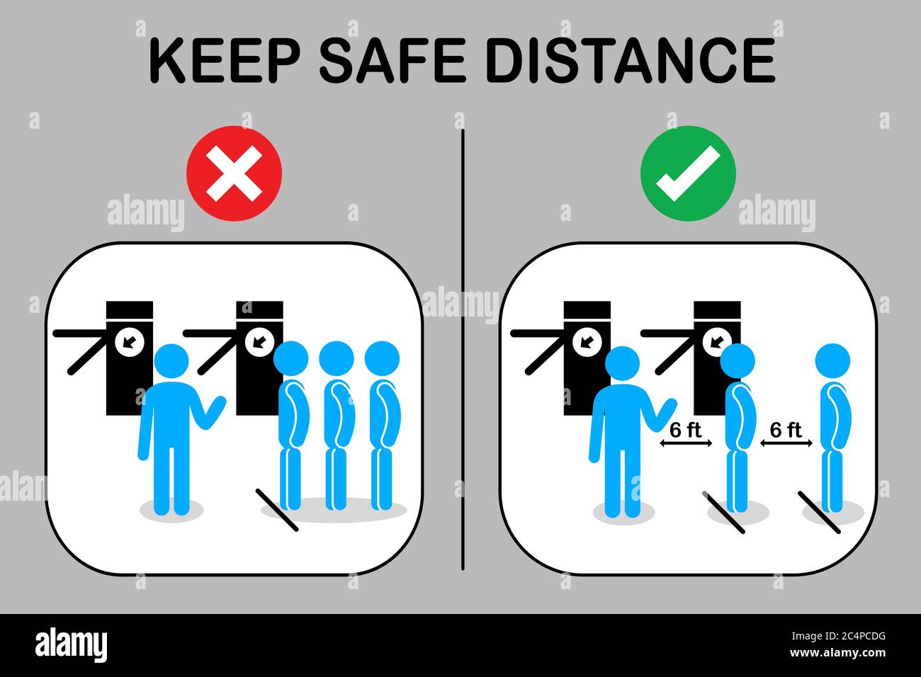 Nuovo normale e sociale distancing.People stand in linea per acquistare un biglietto al banco.Passenger tenere la distanza coda e in attesa al cancello automatico biglietto.Pr Illustrazione Vettoriale
