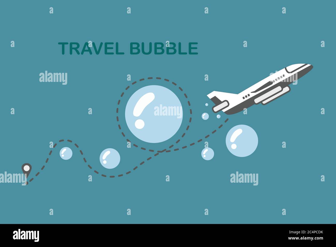 Concetto di bolla viaggio icona. Aereo che vola alla spiaggia e mountain.New tendenza turistica dopo coronavirus Crisis.People amore Travel.Summer vacanza e bu Illustrazione Vettoriale