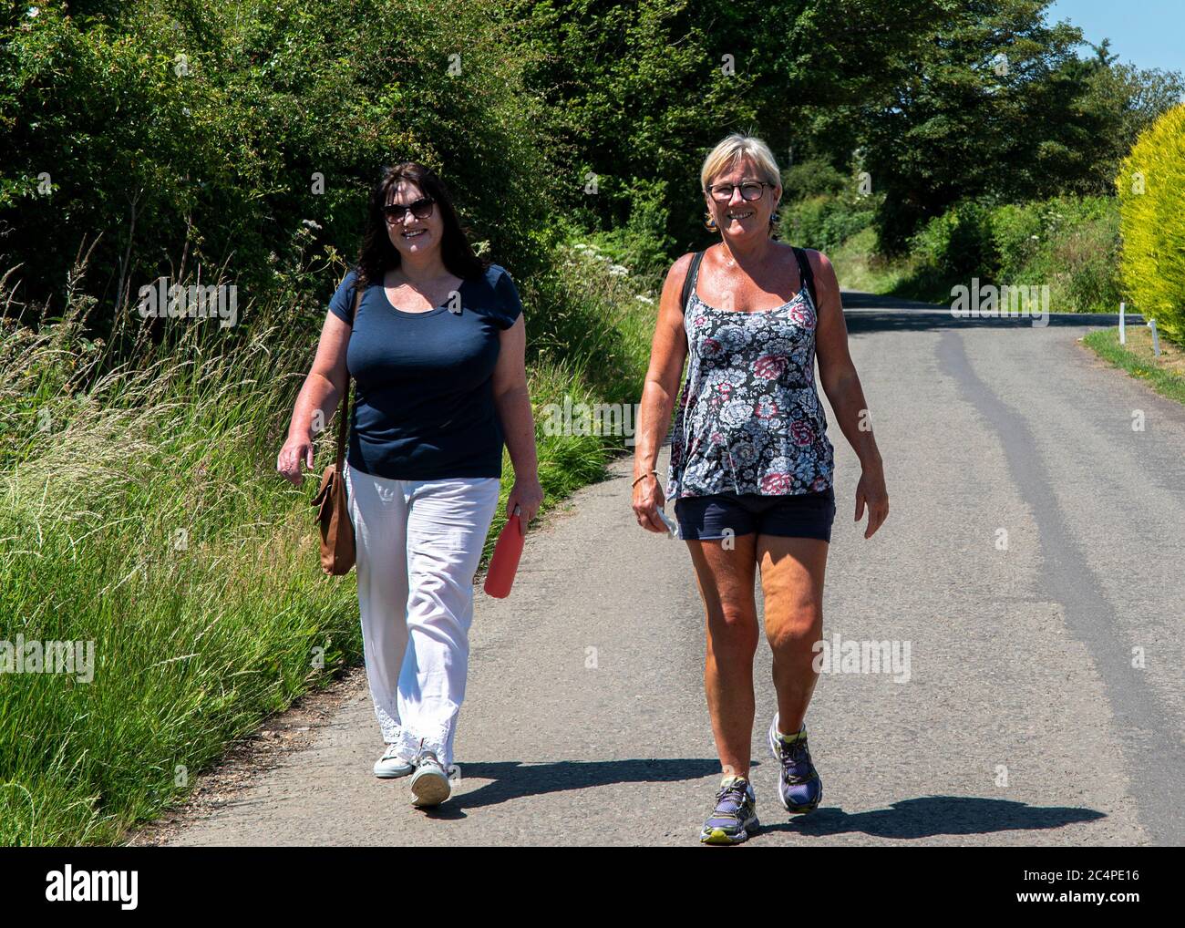 Donne di mezza età fuori per una passeggiata di campagna; Kent, Regno Unito Foto Stock