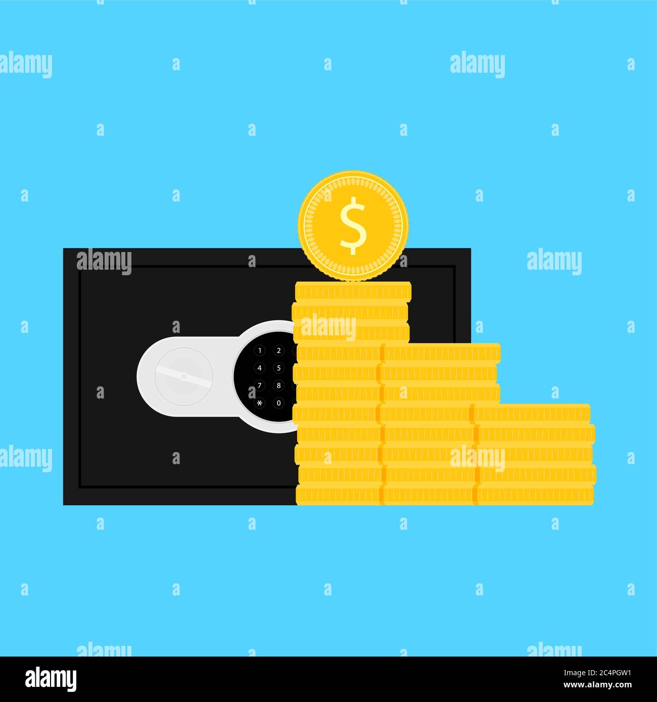 Cassetta di sicurezza e deposito con gettone dorato. Protezione del denaro delle imprese, ricchezza di stack, sicurezza del settore bancario finanziario, illustrazione vettoriale Illustrazione Vettoriale