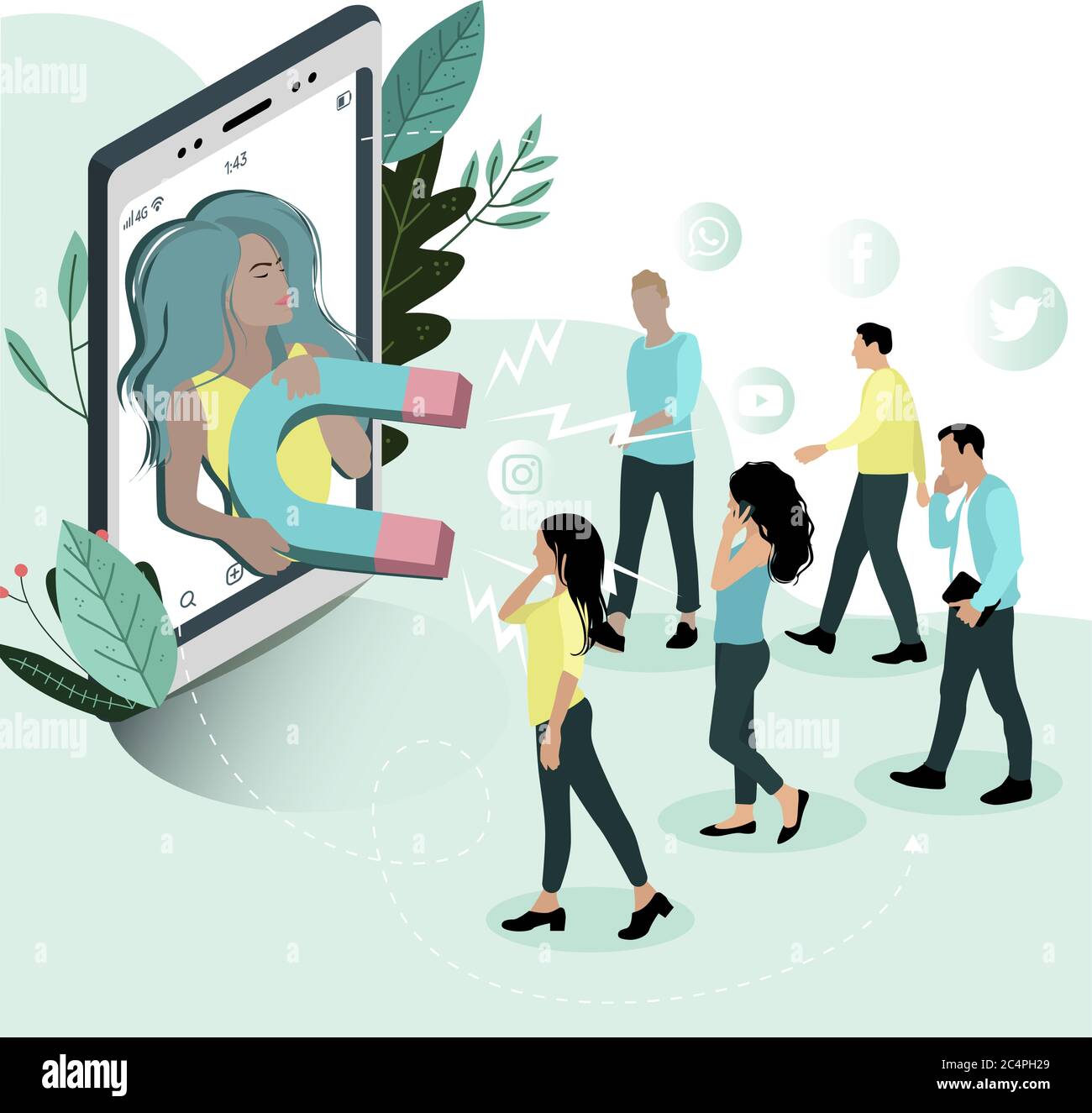 Influencer social media, marketing influencer, social media o promozione di rete, metodo di promozione SMM. Vettore promo società, comunicazione media prog Illustrazione Vettoriale