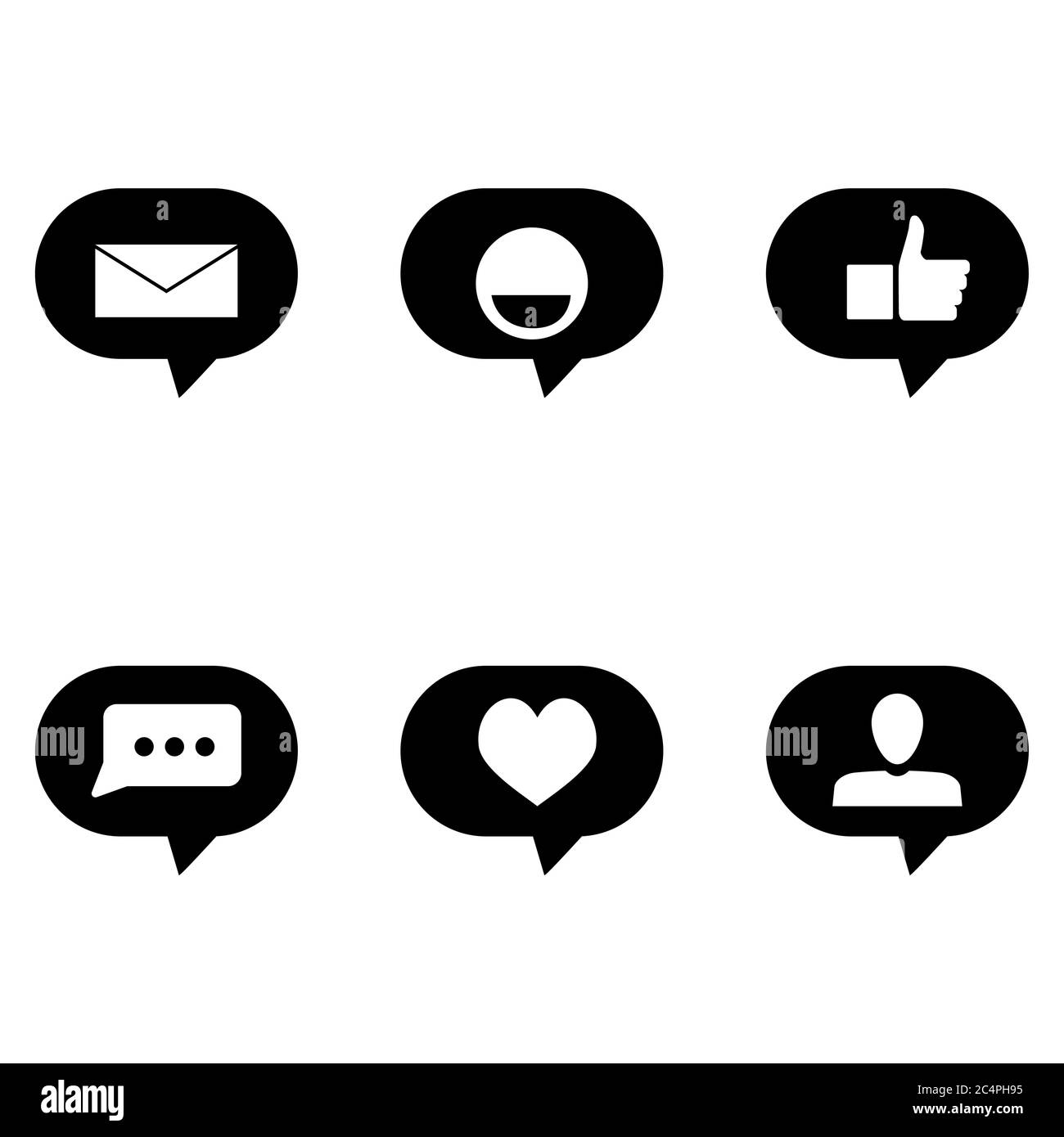 Simbolo dell'icona per i social media. Come la bolla di parola di envelem e sorriso, pollice su e cuore. Stile bianco nero, segno popolare vettore nella bolla del parlato Illustrazione Vettoriale