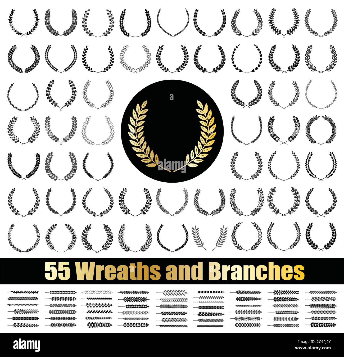 55 corone e rami. Illustrazione vettoriale. Collezione di corone. Illustrazione Vettoriale