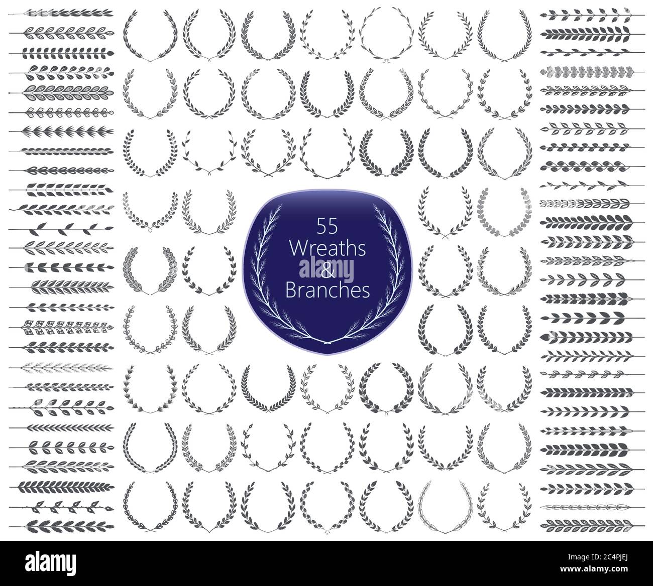 55 corone e rami. Illustrazione vettoriale. Collezione di corone Laurel. Illustrazione Vettoriale